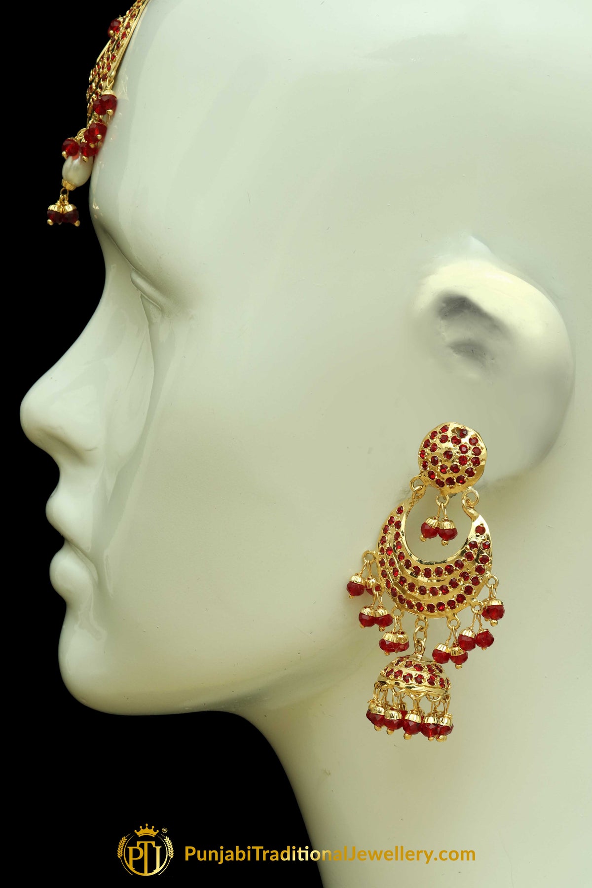 Red Jadau Pearl Earring Tikka Set By Punjabi Traditional Jewellery