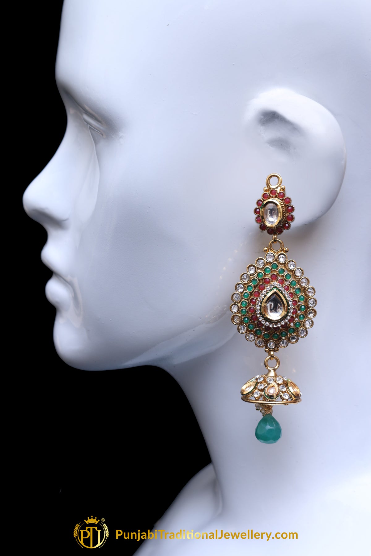 Green Maroon Polki Earring Tikka Set By Punjabi Traditional Jewellery