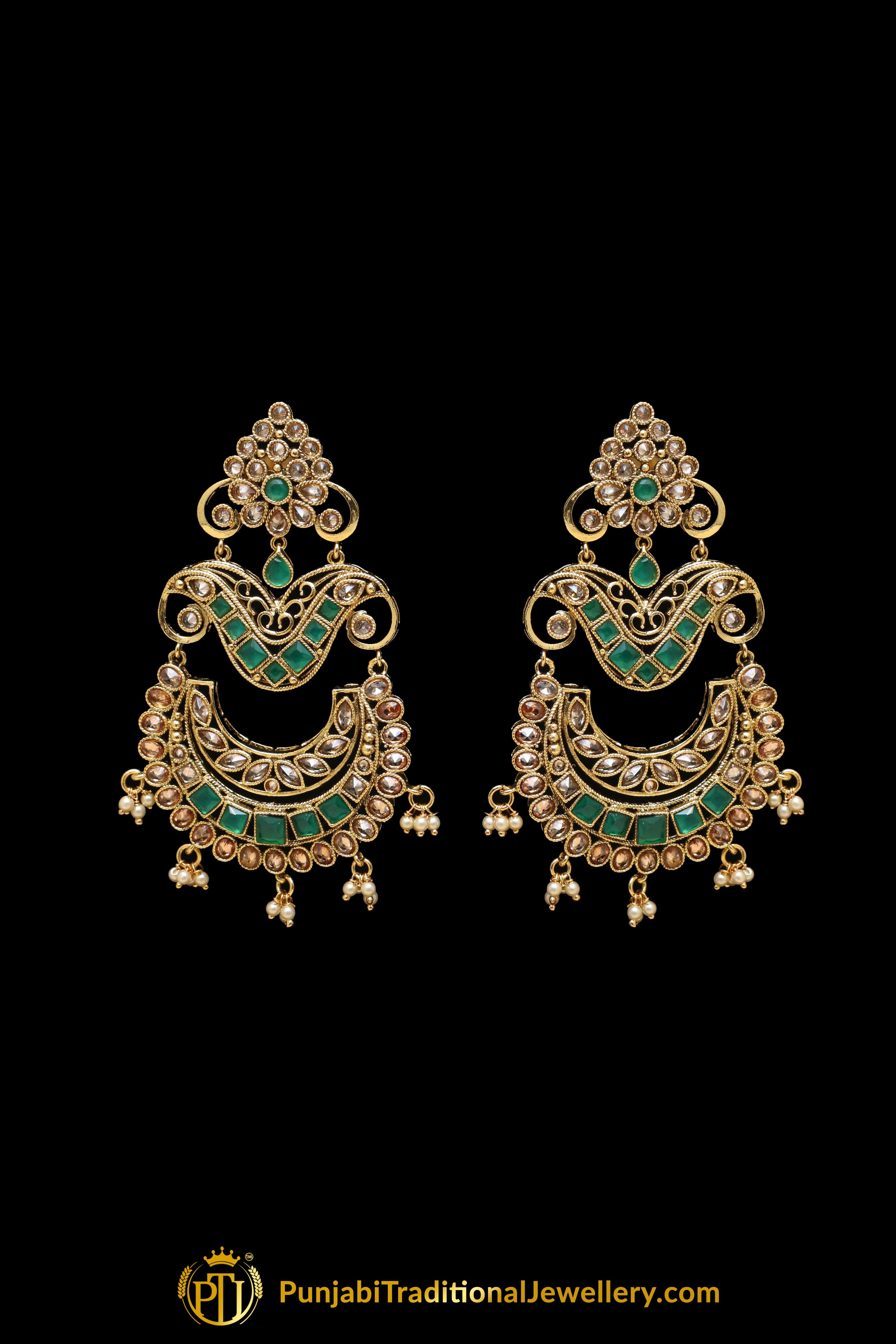 Green Champagne Stone Earrings By Punjabi Traditional Jewellery