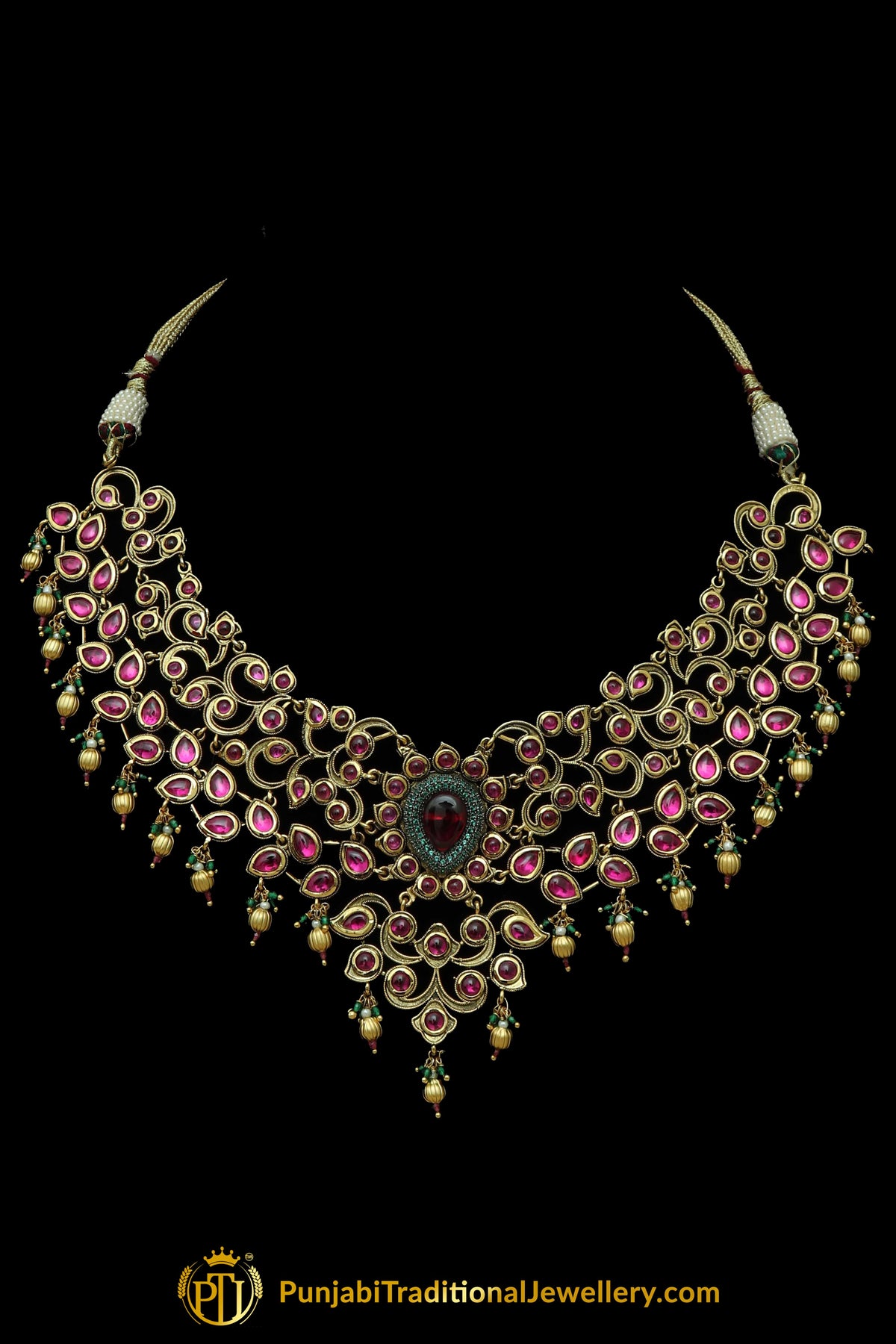 Rani Green Polki Necklace Set By Punjabi Taditional Jewellery