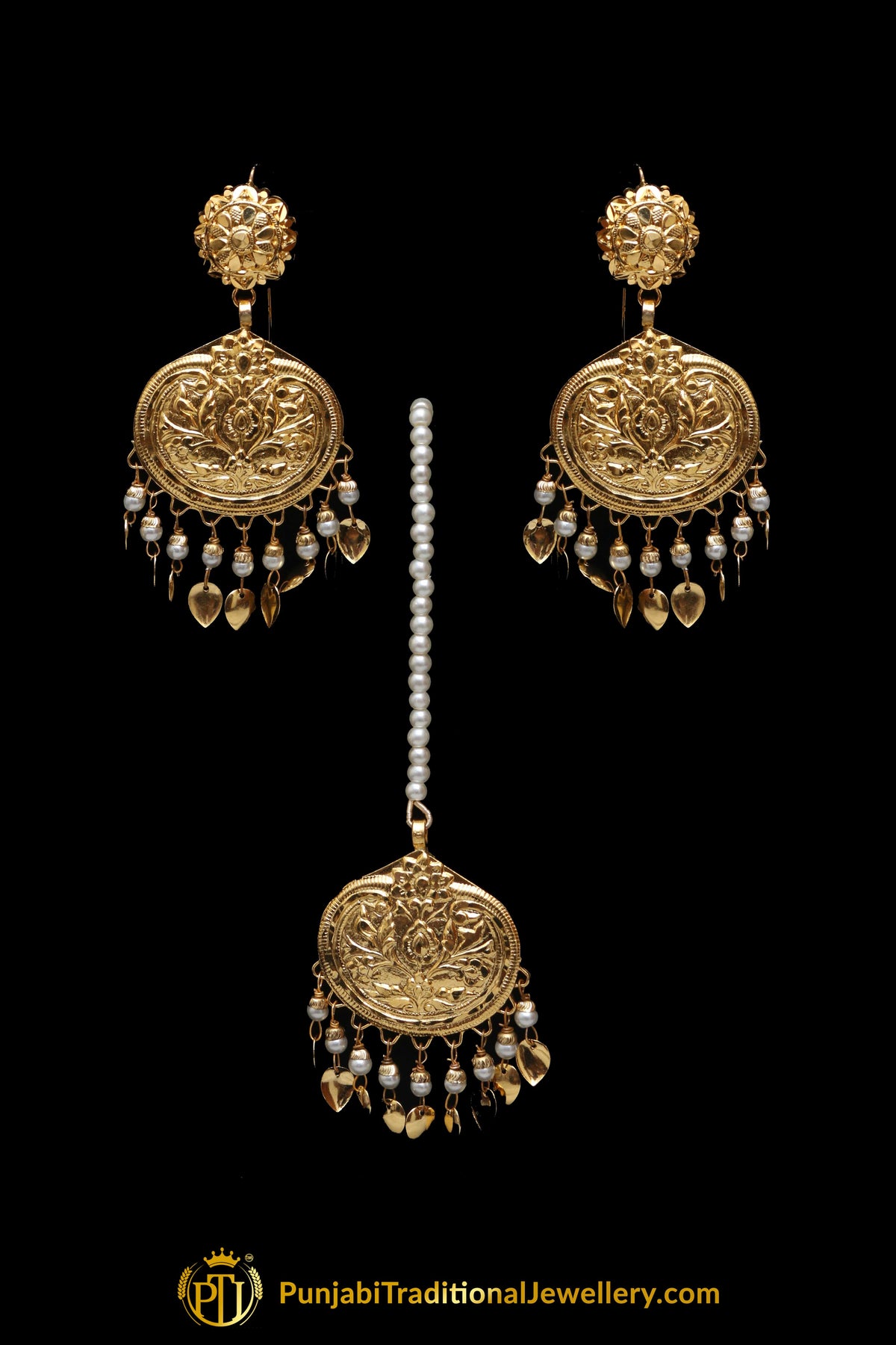 Golden Pippal Patti Earring Tikka Set By Punjabi Traditional Jewellery