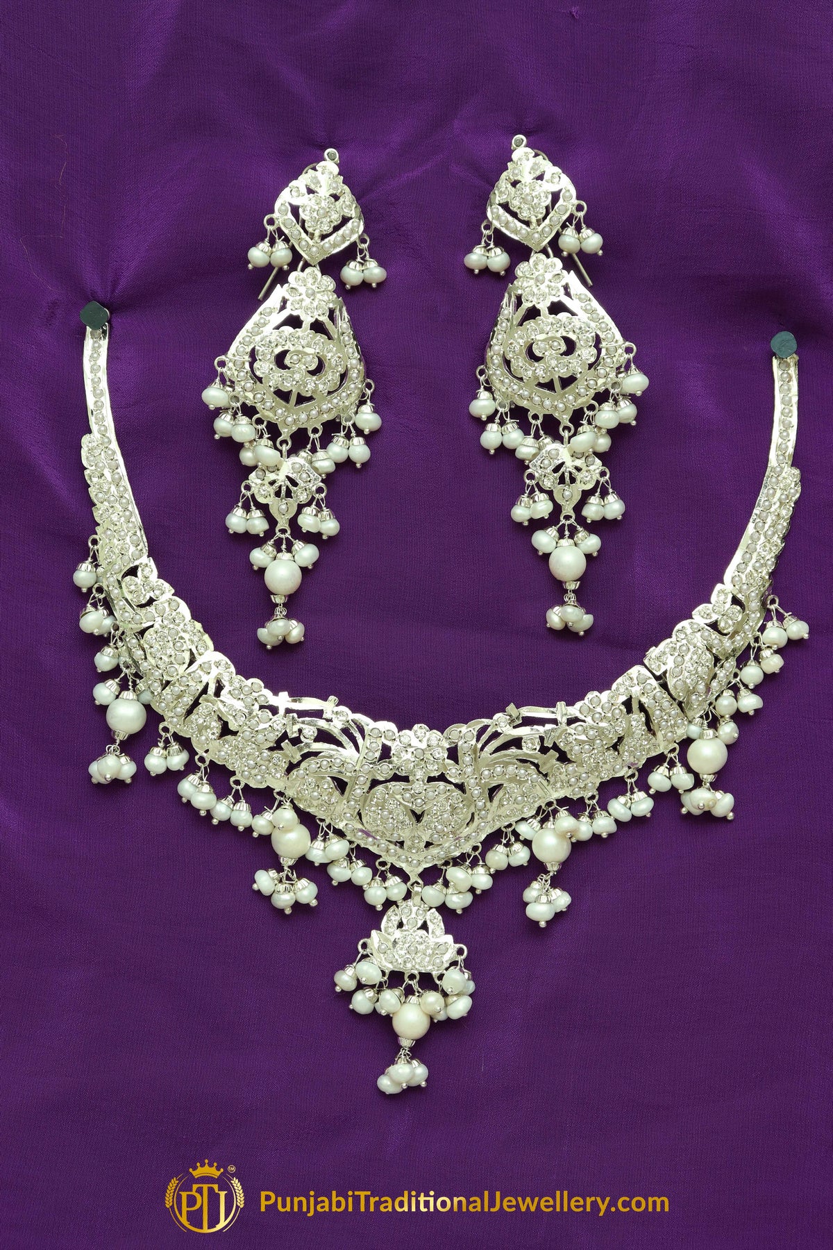 Silver Finished Pearl Jadau Necklace Set By Punjabi Traditional Jewellery