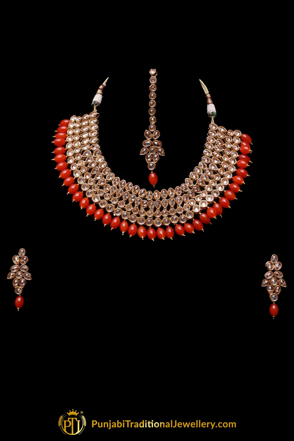 Orange Champagne Stone Necklace Set By Punjabi Taditional Jewellery