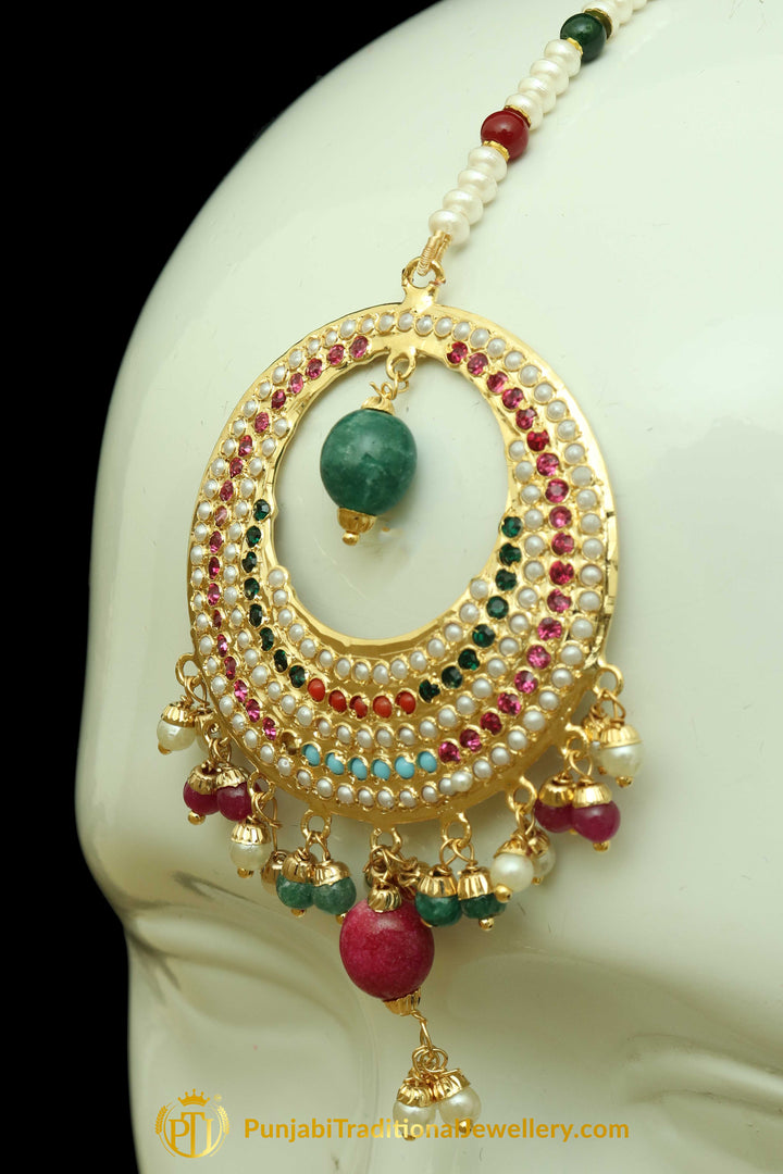 Multi Jadau Pearl Earring Tikka Set By Punjabi Traditional Jewellery
