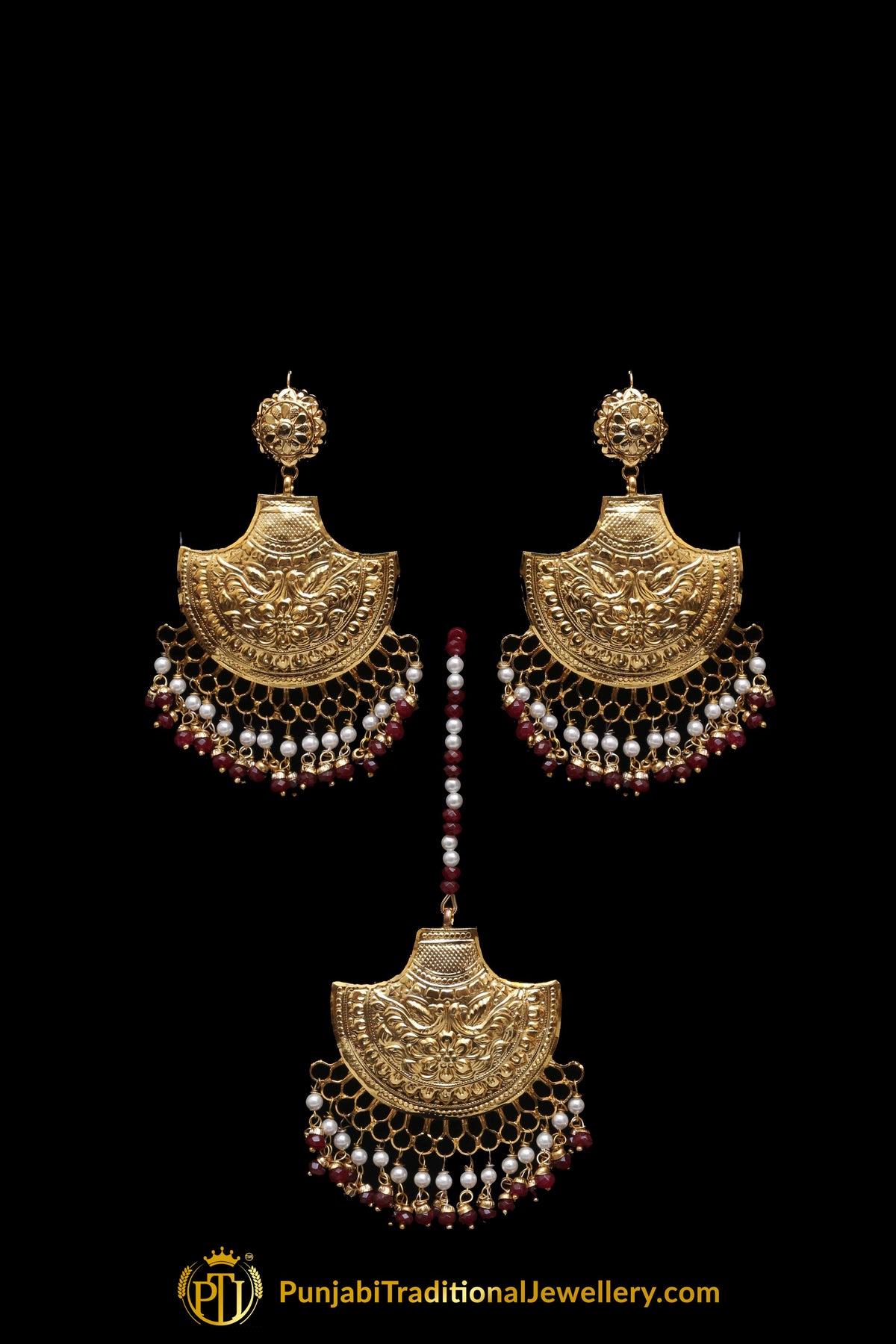 Maroon Earring Tikka Set By Punjabi Traditional Jewellery