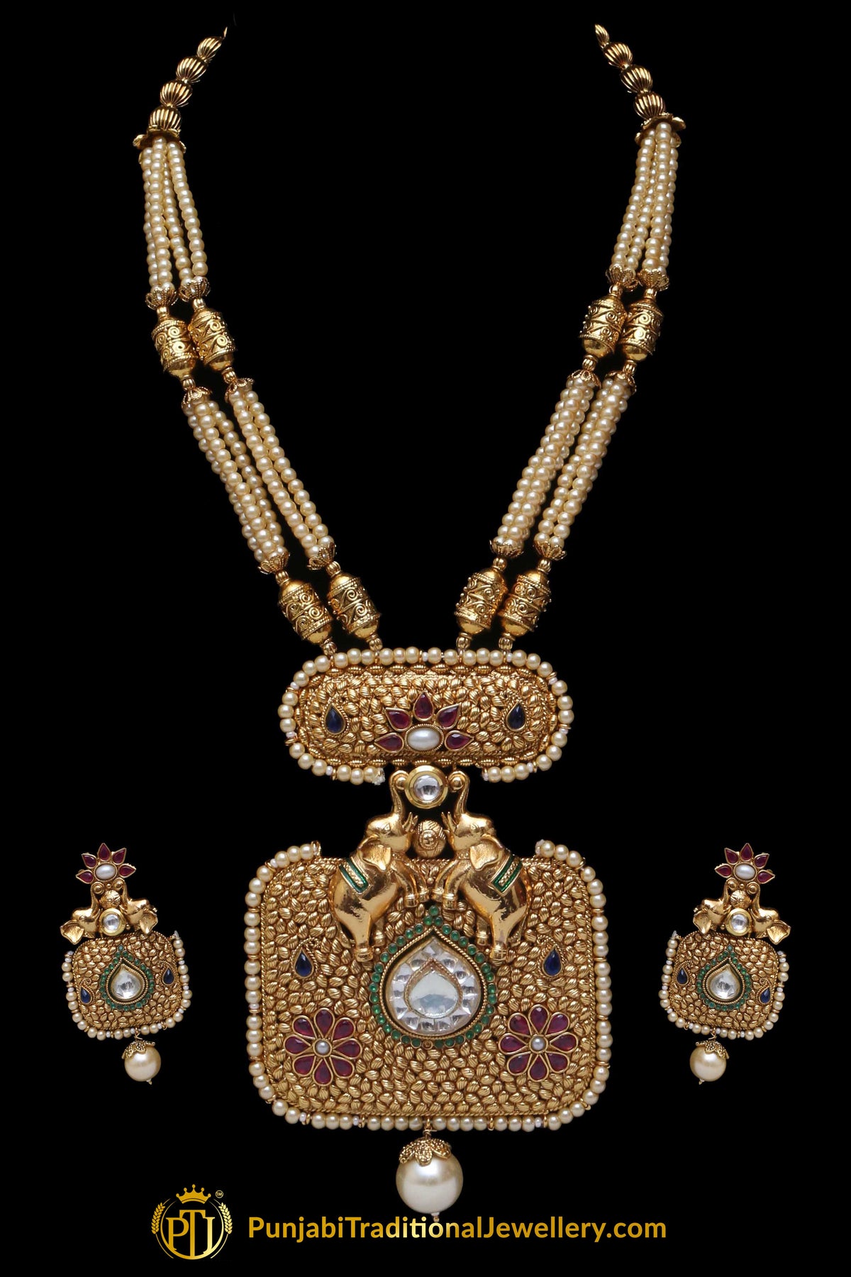 Red & Green Jodha Necklace Set By Punjabi Traditional Jewellery