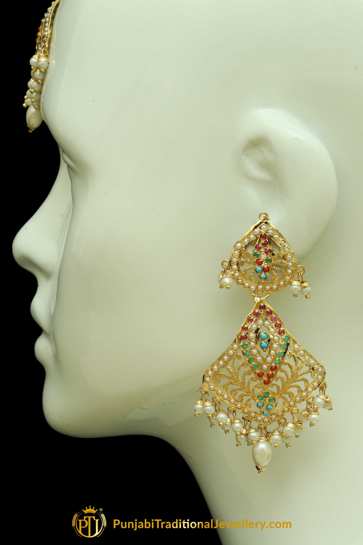 Gold Finished Navratan Jadau Earring Tikka Set By Punjabi Traditional Jewellery