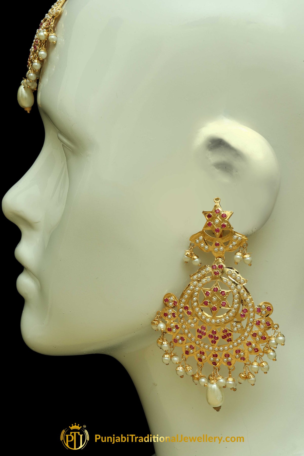 Red Jadau Pearl Earring Tikka Set By Punjabi Traditional Jewellery
