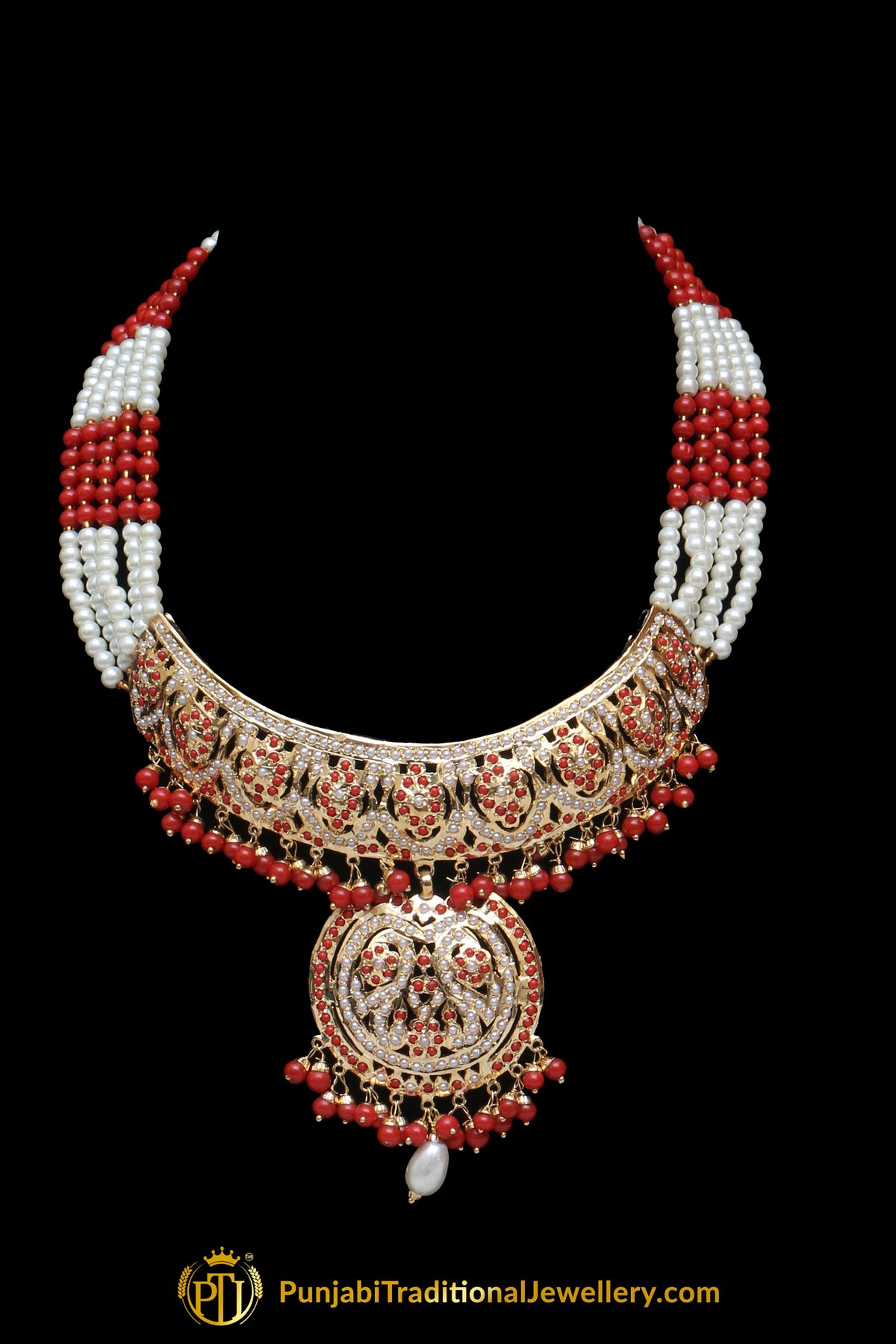Red Pearl Jadau Necklace Set By Punjabi Traditional Jewellery