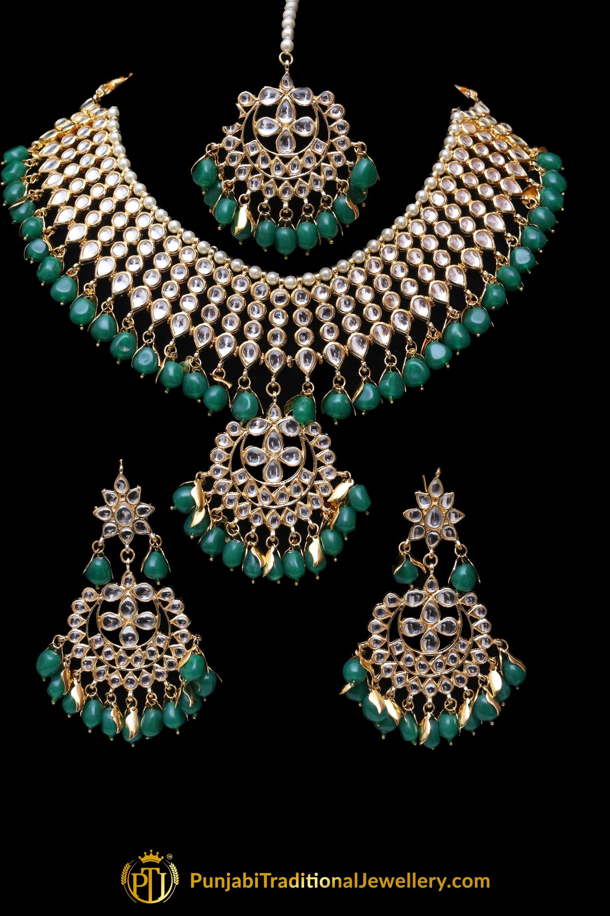 Green Pearl Kundan Necklace Set Punjabi Traditional Jewellery