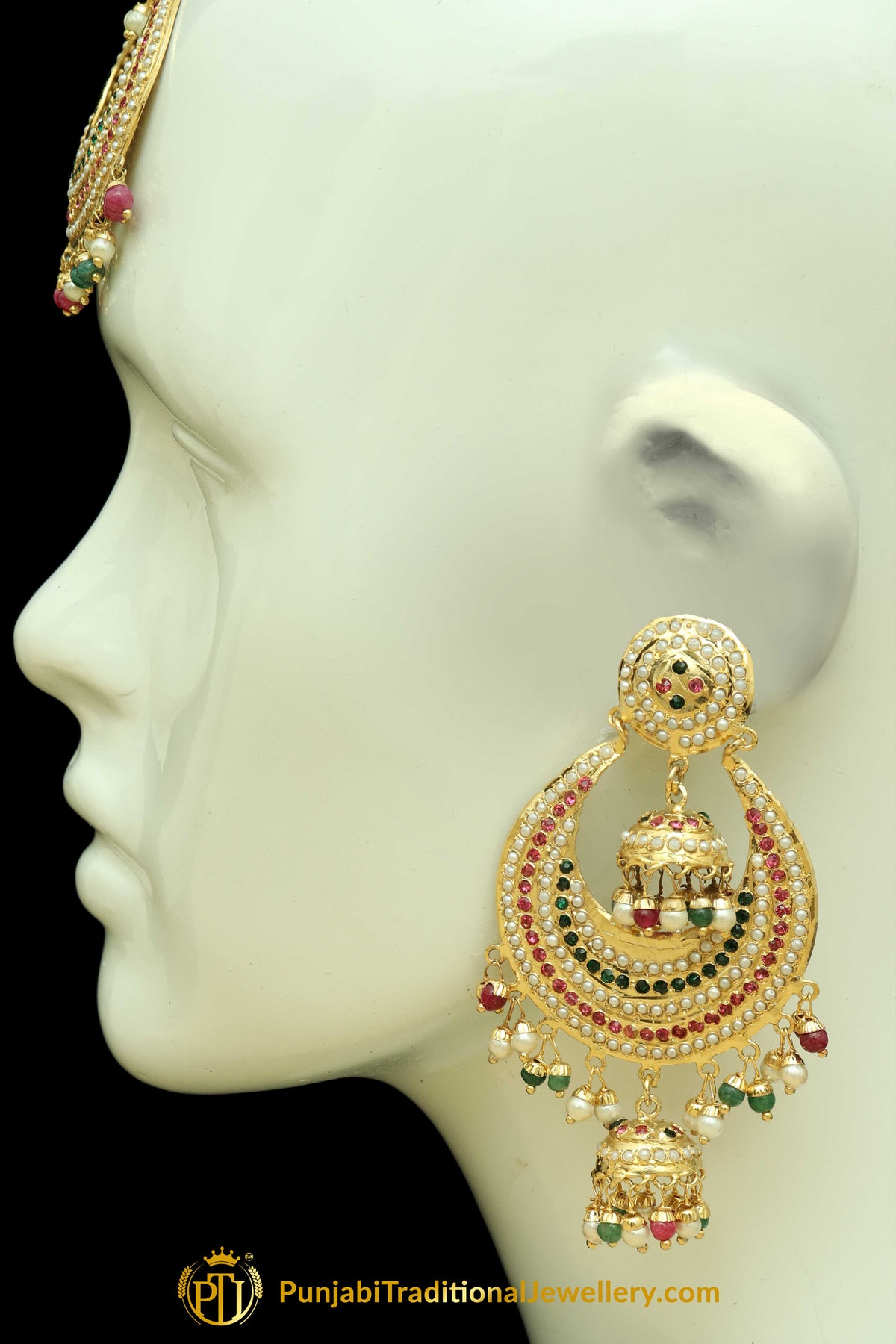 Multi Jadau Pearl Earring Tikka Set By Punjabi Traditional Jewellery