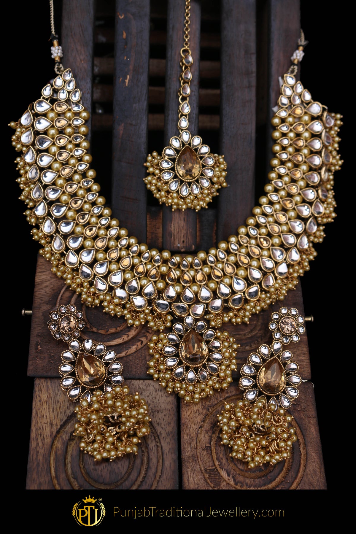 Golden Kundan Necklace Set By Punjabi Traditional Jewellery