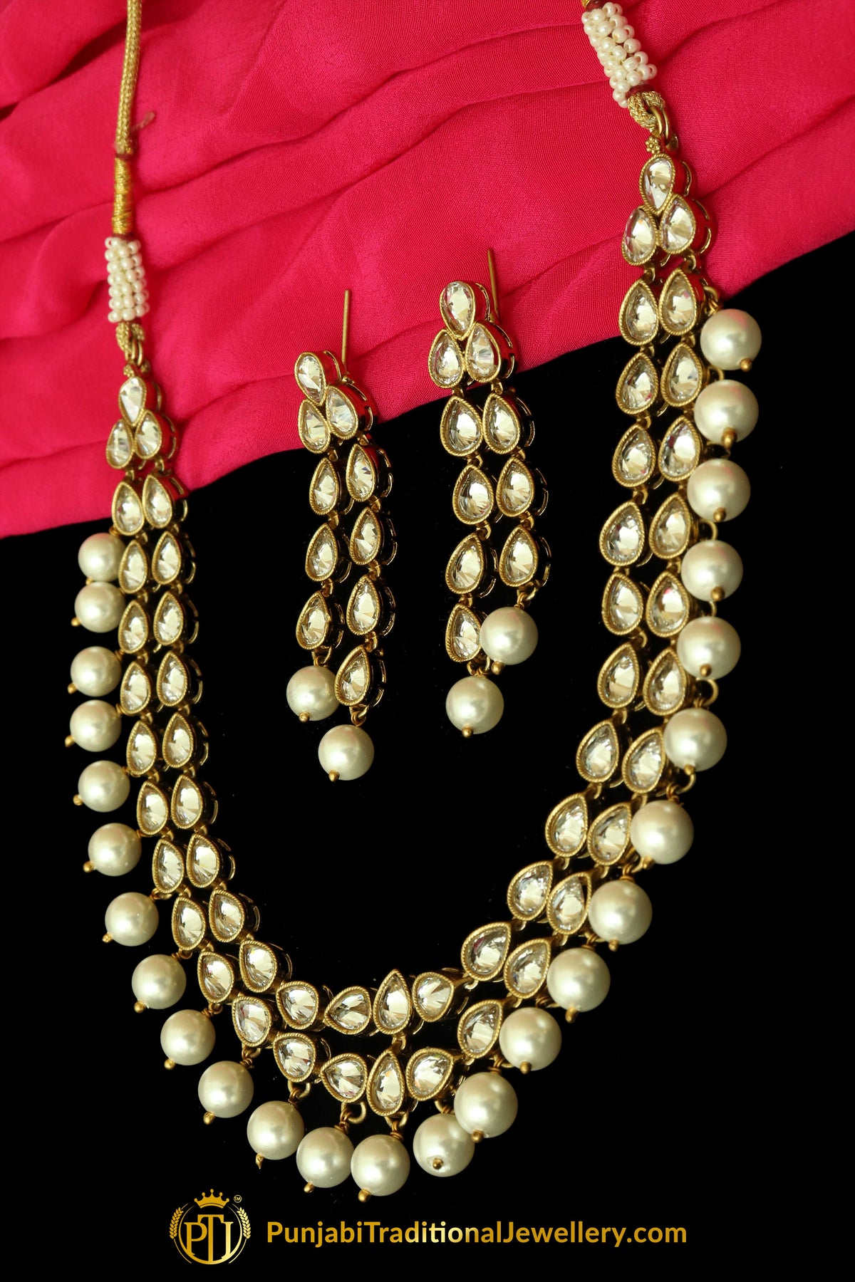 Silver Polki Pearl Necklace Set By Punjabi Traditional Jewellery