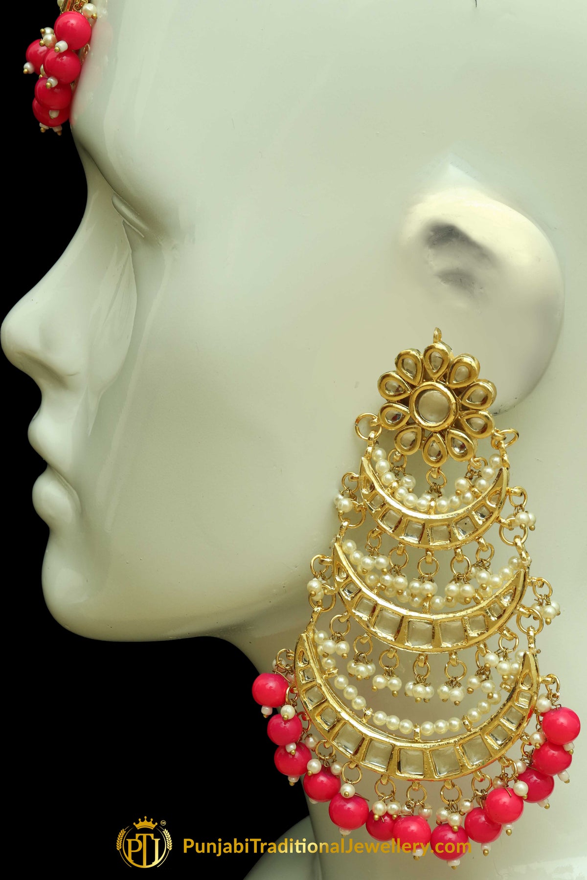 Pink Kundan Earring Tikka Set By Punjabi Traditional Jewellery