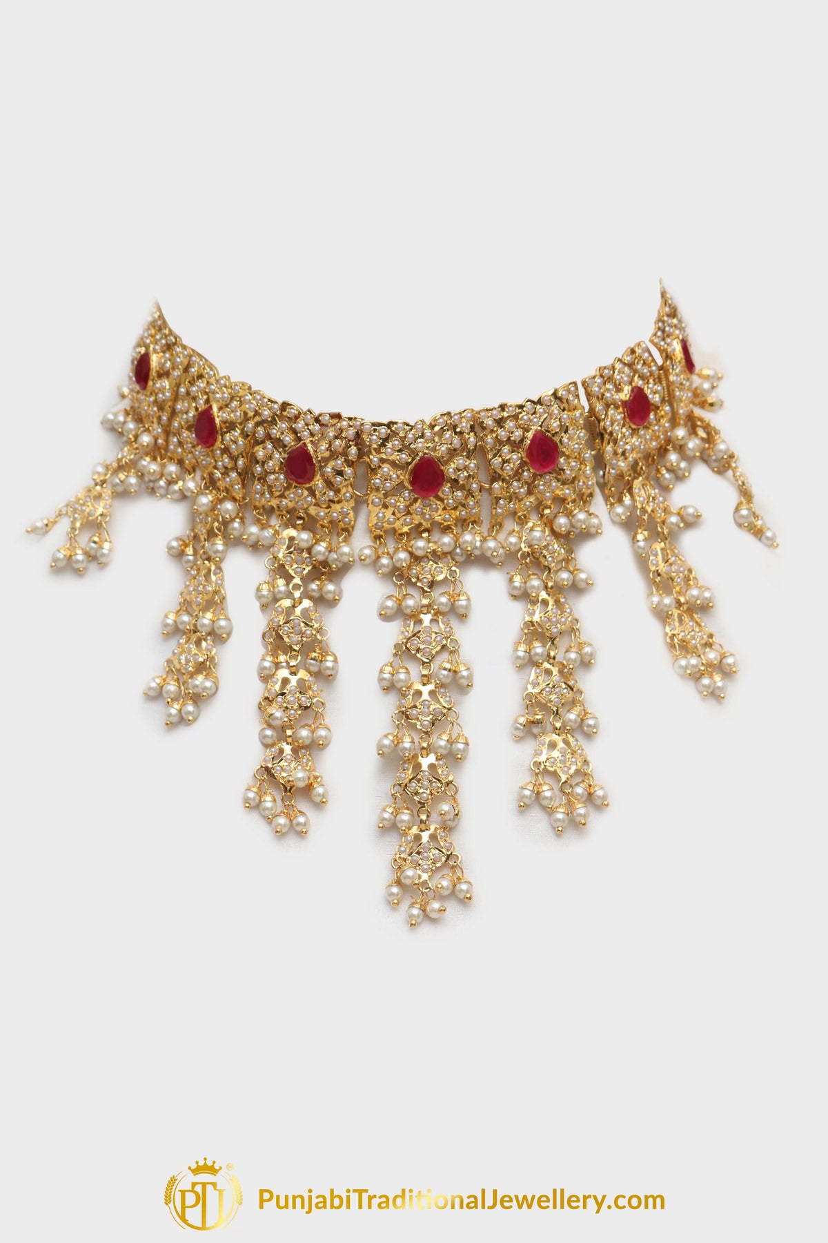 Maroon Jadau Pearl Kundan Necklace Set By Punjabi Traditional Jewellery