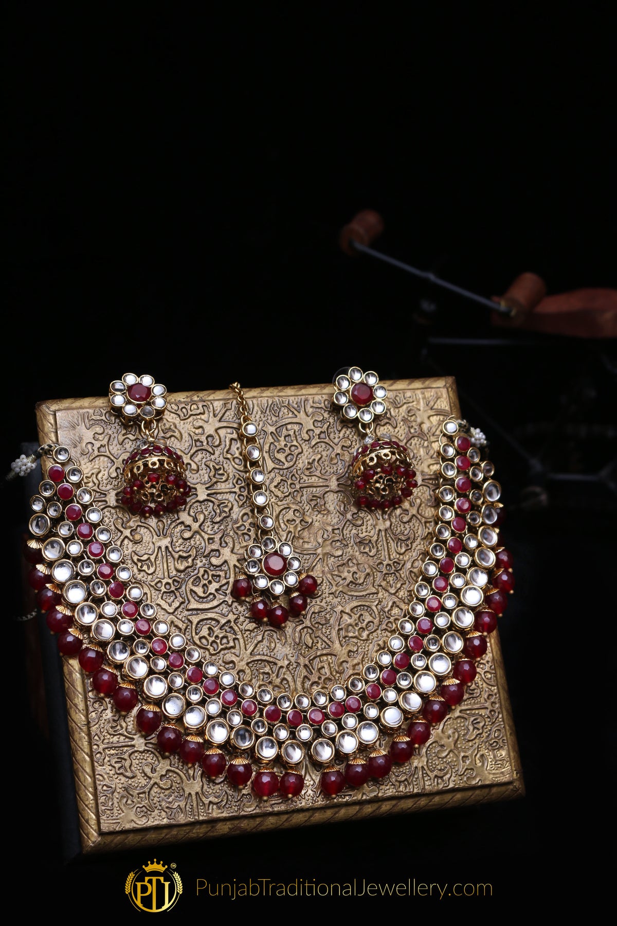 Maroon Kundan Necklace Set By Punjabi Traditional Jewellery