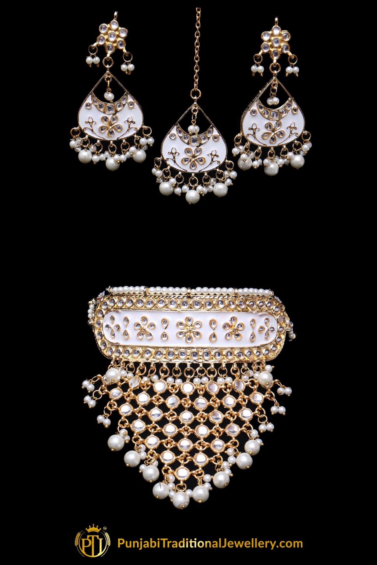 White Choker Pearl Kundan Meena Necklace Set By Punjabi Traditional Jewellery