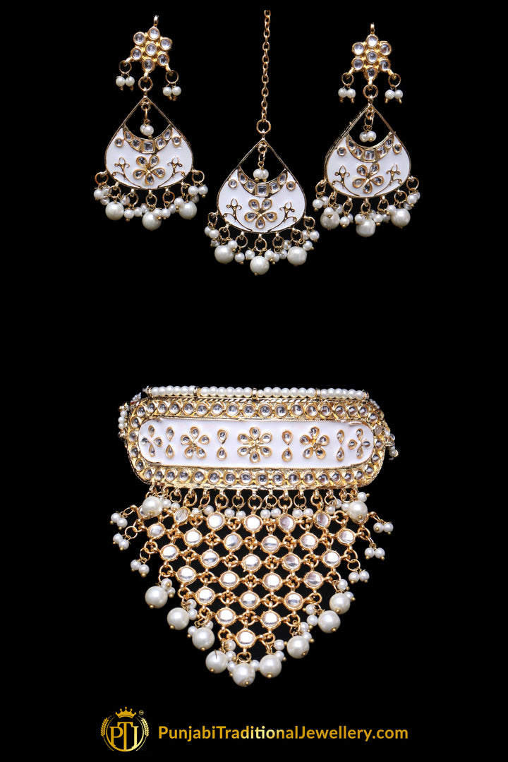 White Choker Pearl Kundan Meena Necklace Set By Punjabi Traditional Jewellery