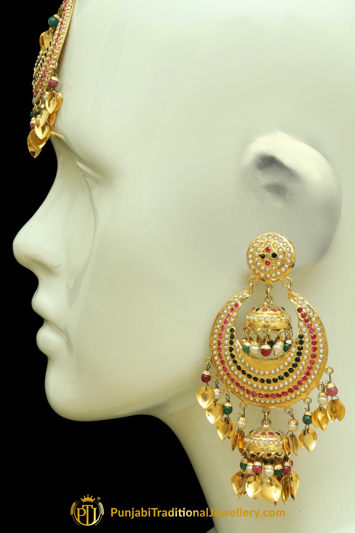 Multi Jadau Pippal Patti Earring Tikka Set By Punjabi Traditional Jewellery