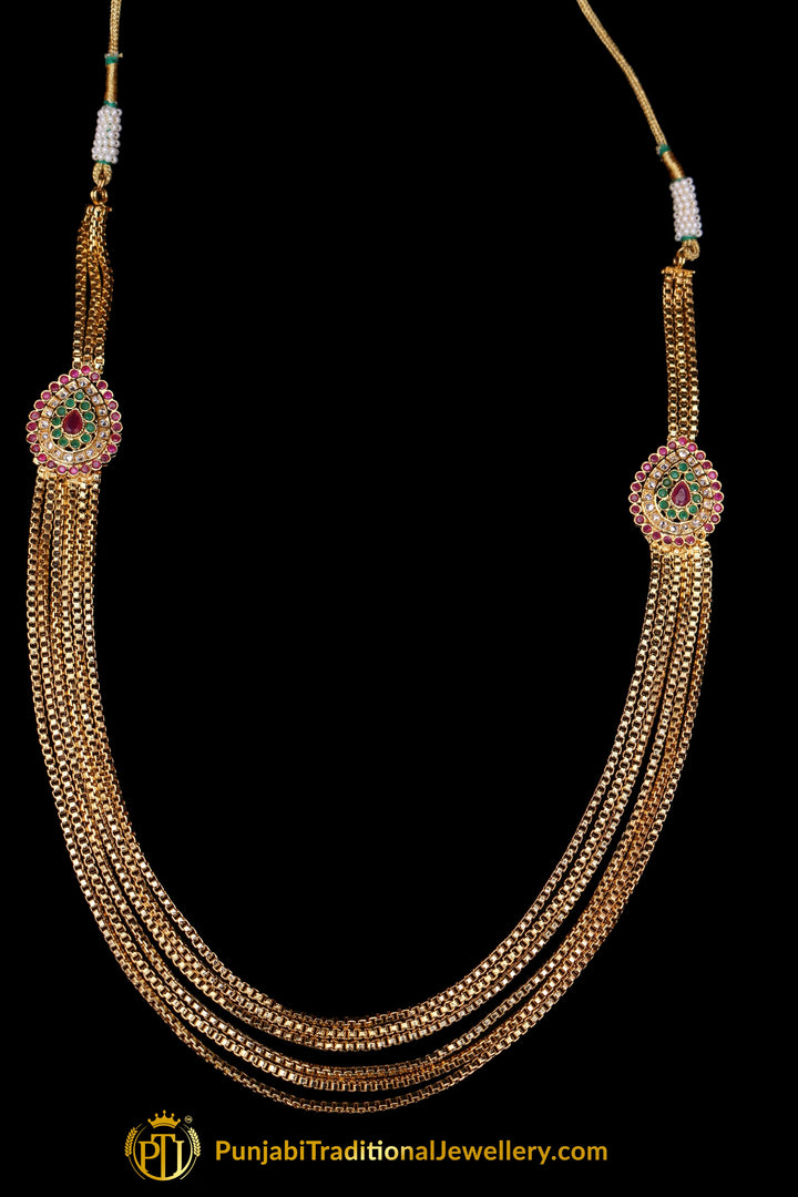 Green Red Polki Antique Gold Necklace Set By Punjabi Traditional Jewellery