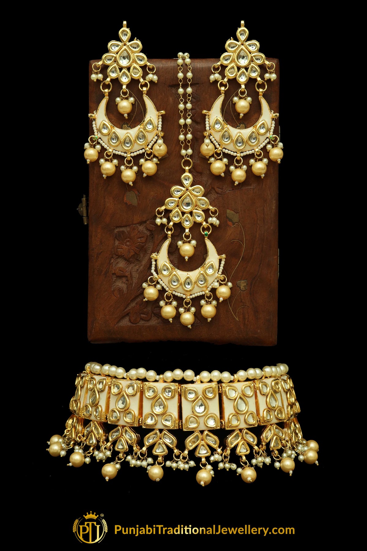 White Meena Kundan Pearl Choker Necklace Set By Punjabi Traditional Jewellery