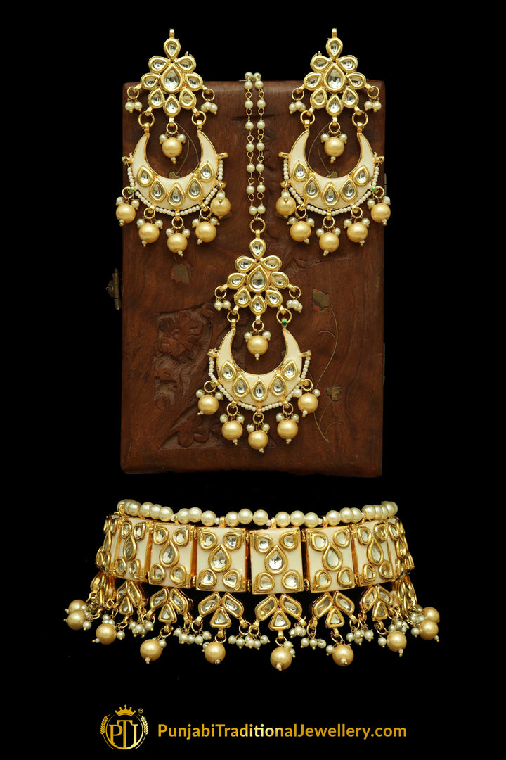 White Meena Kundan Pearl Choker Necklace Set By Punjabi Traditional Jewellery