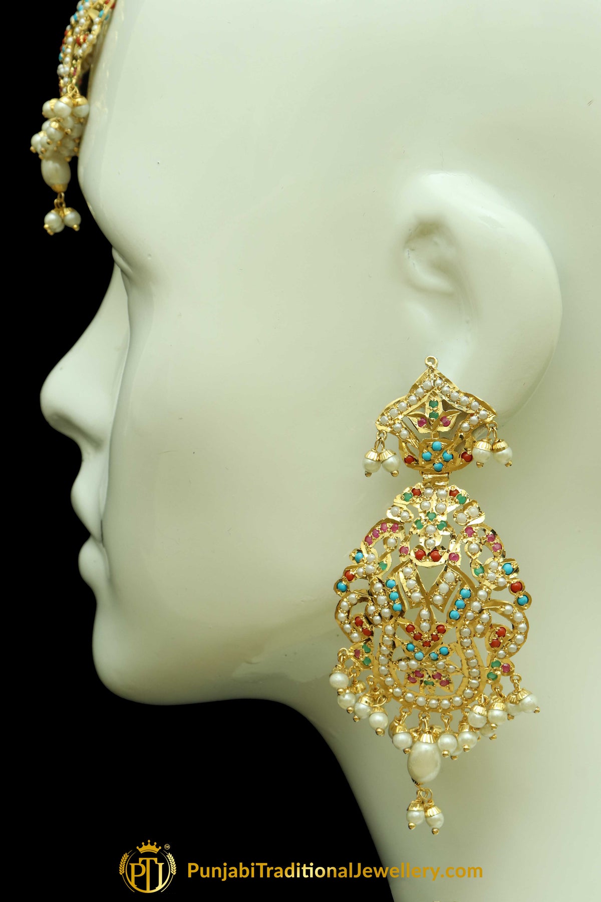 Gold Finished Navratan Jadau Earring Tikka Set By Punjabi Traditional Jewellery