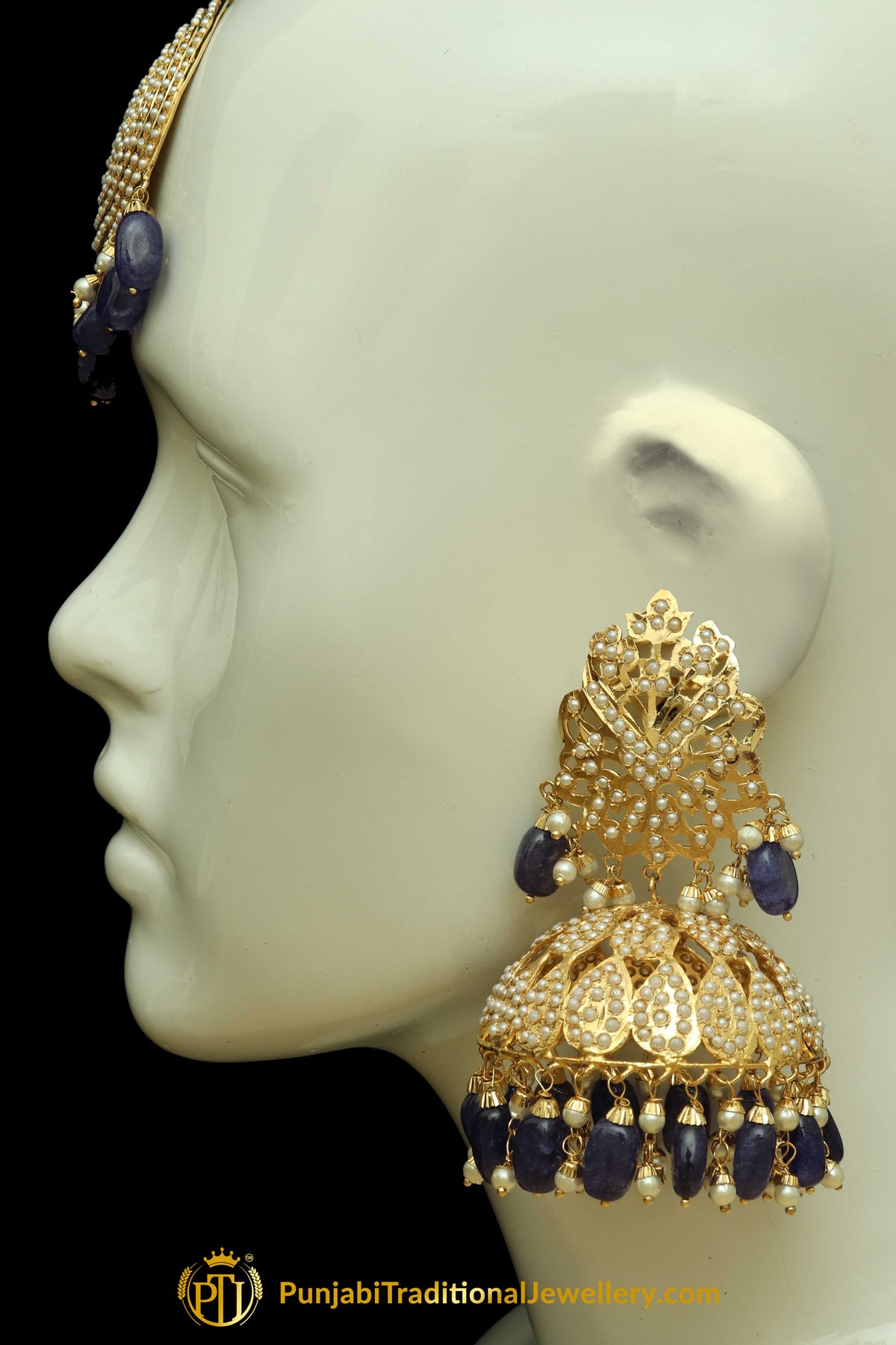 Blue Jadau Pearl Jhumki Earrings & Tikka Set By Punjabi Traditional Jewellery