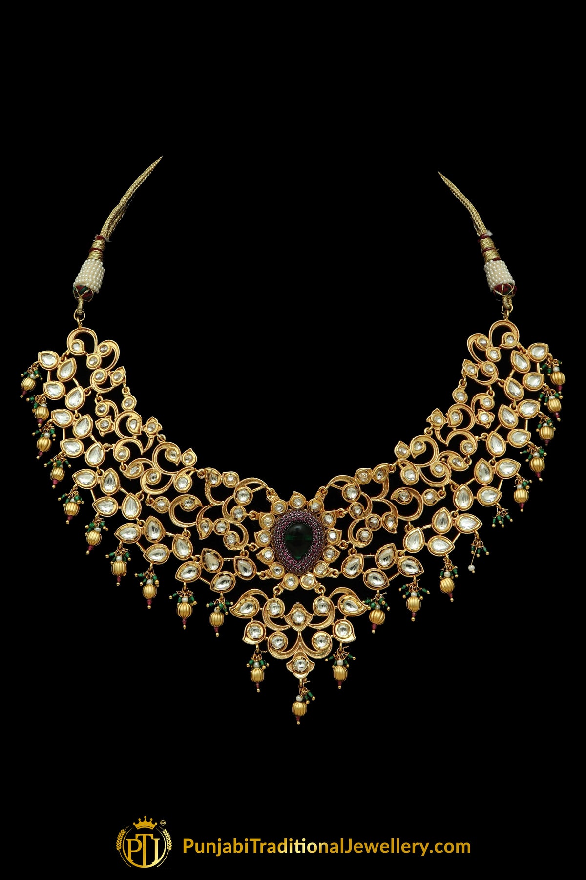 Green Kundan Necklace Set By Punjabi Taditional Jewellery