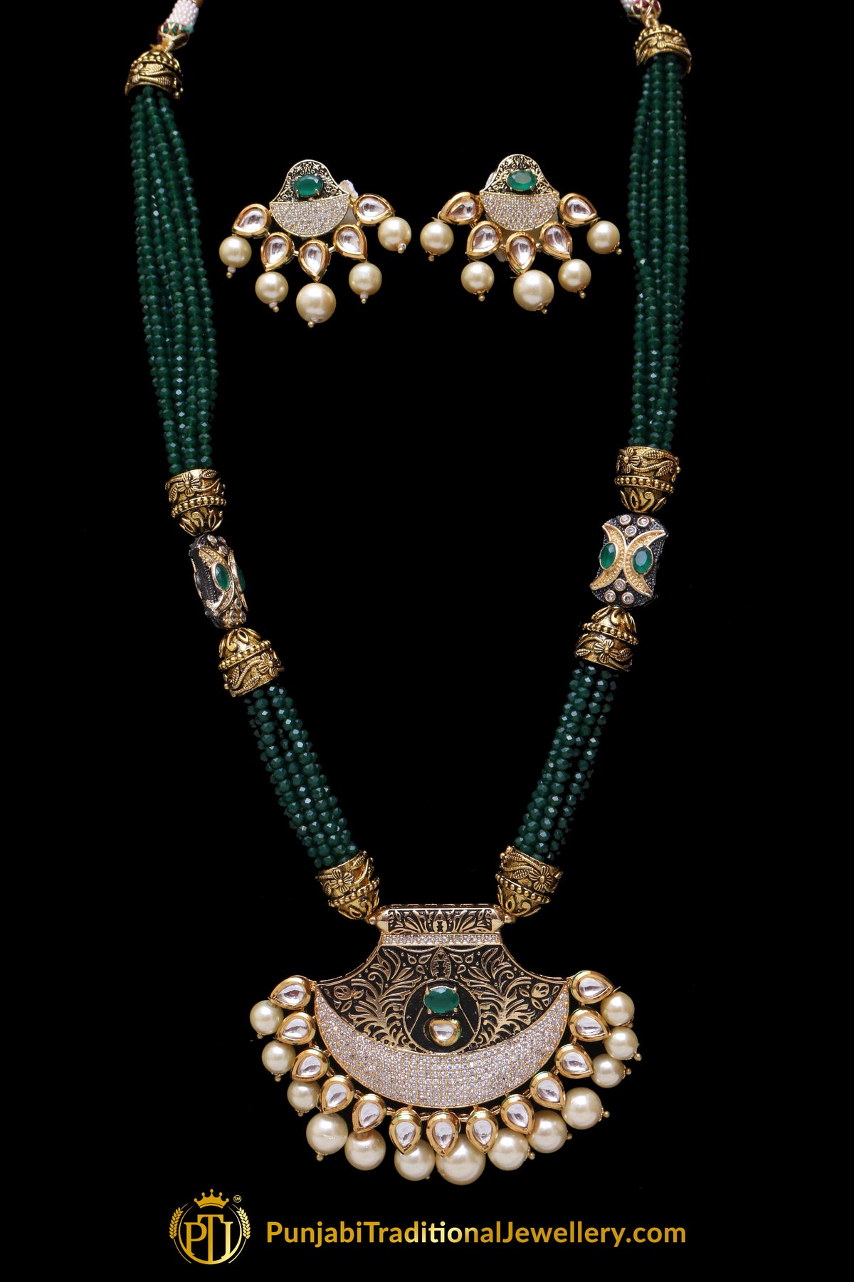 Green Kundan Mala Necklace Set By Punjabi Traditional Jewellery