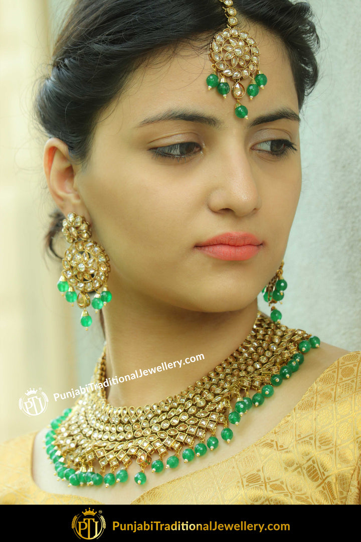 Bahij Champagne Stone Emerald Green Necklace Set By Punjabi Traditional Jewellery