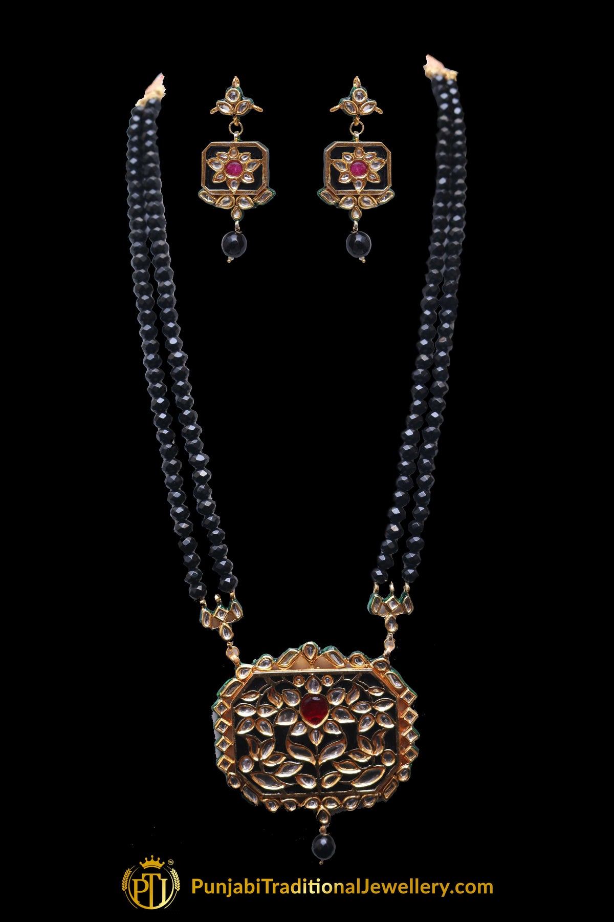 Red Black Kundan Meena Necklace Set By Punjabi Traditional Jewellery