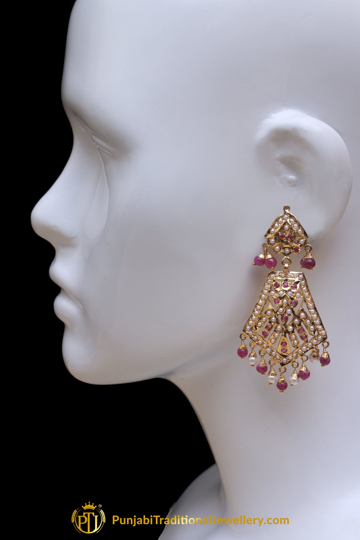Multi Jadau Pearl Earring Tikka Set By Punjabi Traditional Jewellery