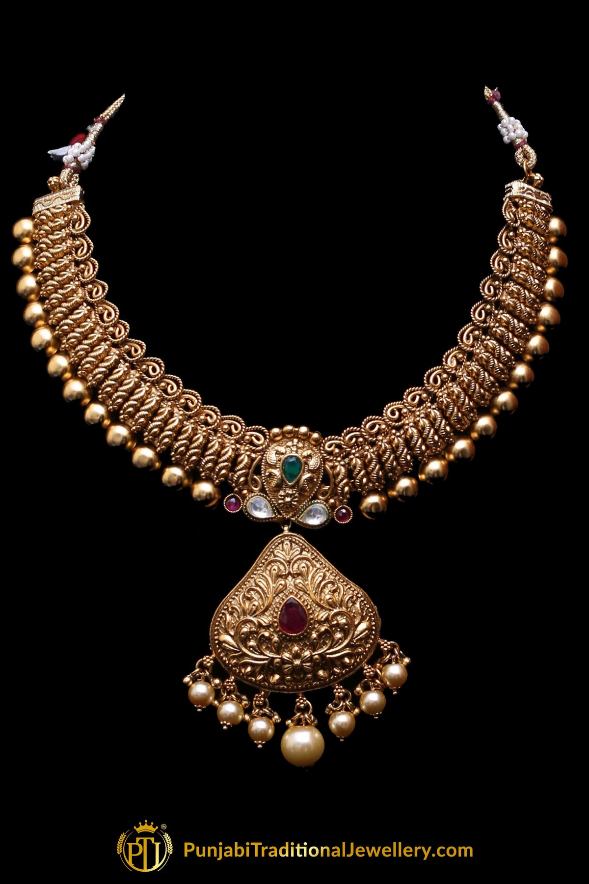 Red Green Antique Gold Necklace Set By Punjabi Traditional Jewellery
