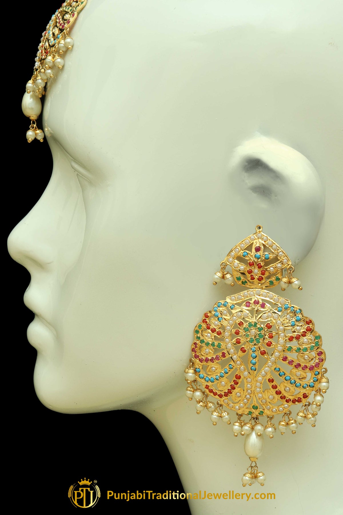 Multi Jadau Pearl Earring Tikka Set By Punjabi Traditional Jewellery