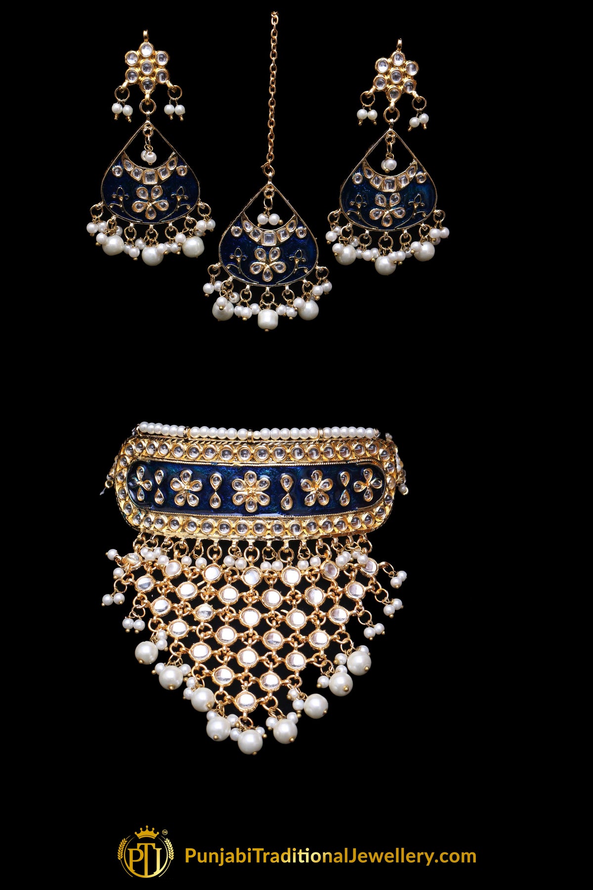 Blue Choker Pearl Kundan Meena Necklace Set By Punjabi Traditional Jewellery