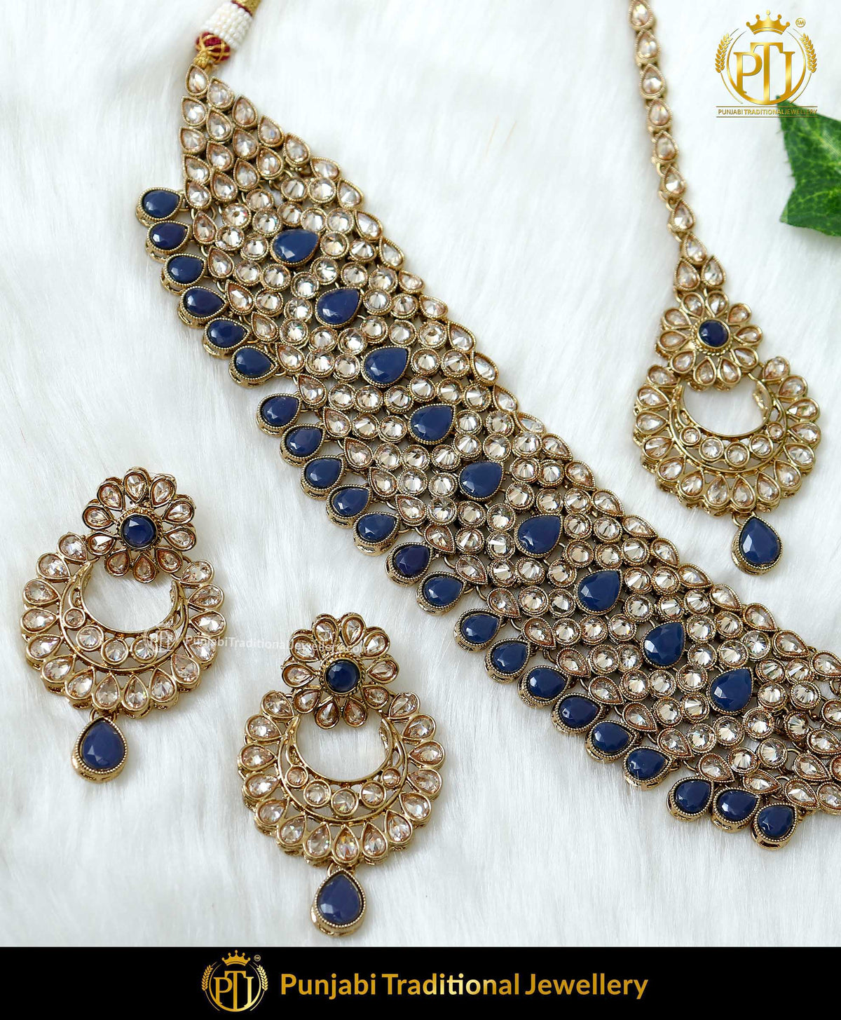 Champagne Stone Blue Pearl Choker Necklace Set | Punjabi Traditional Jewellery Exclusive