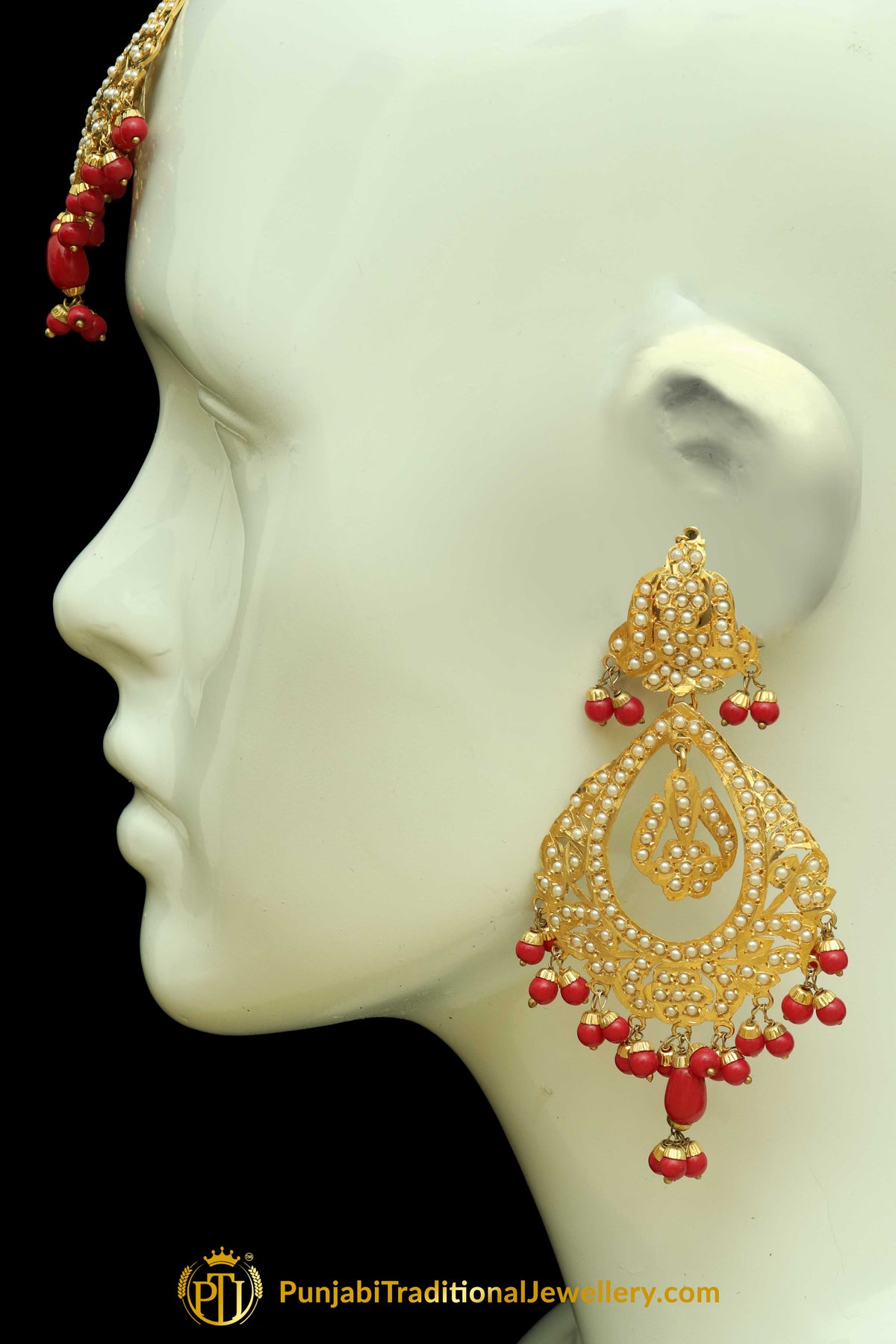 Red Jadau Pearl Earring Tikka Set By Punjabi Traditional Jewellery