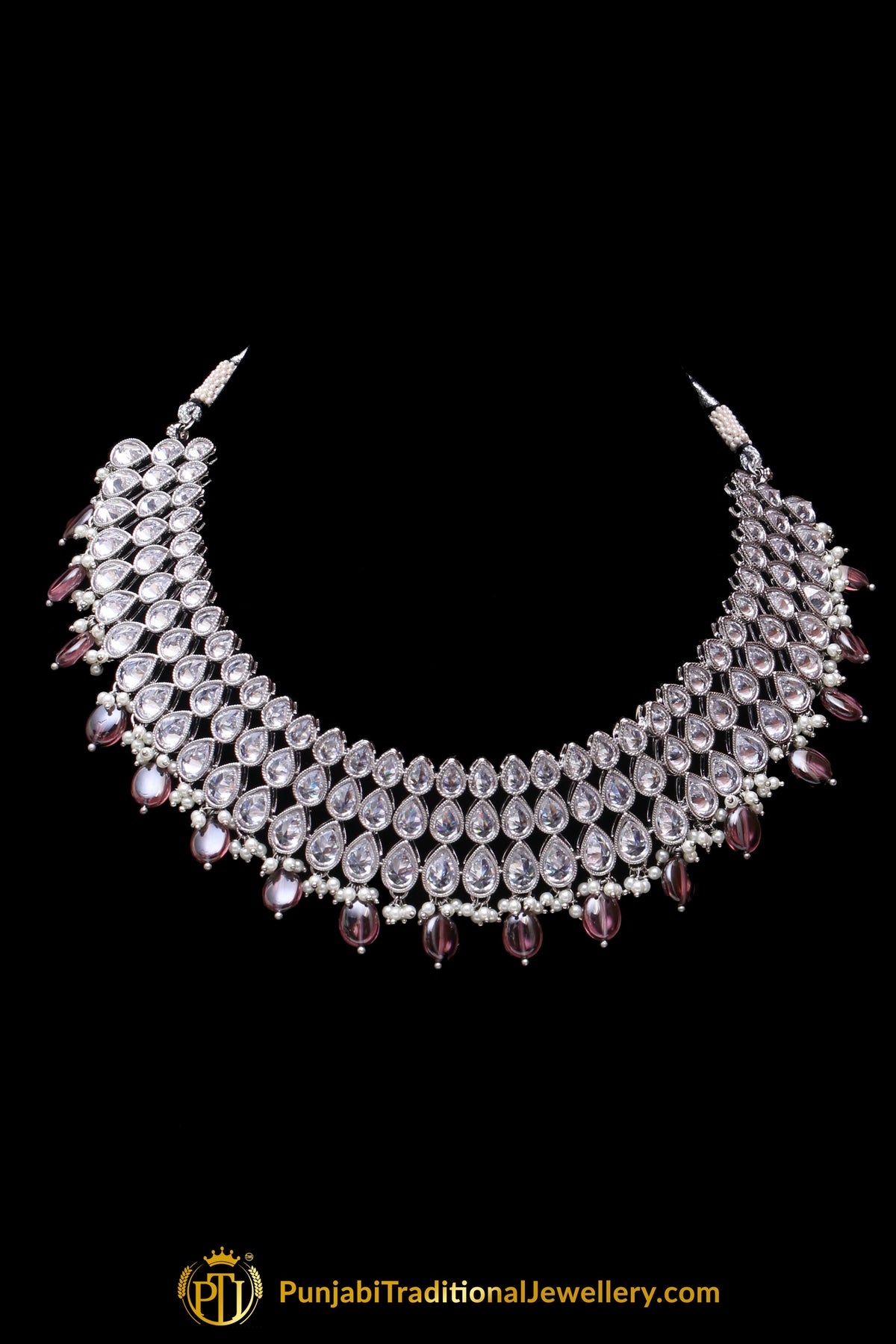 Pink Polki Necklace Set By Punjabi Traditional Jewellery