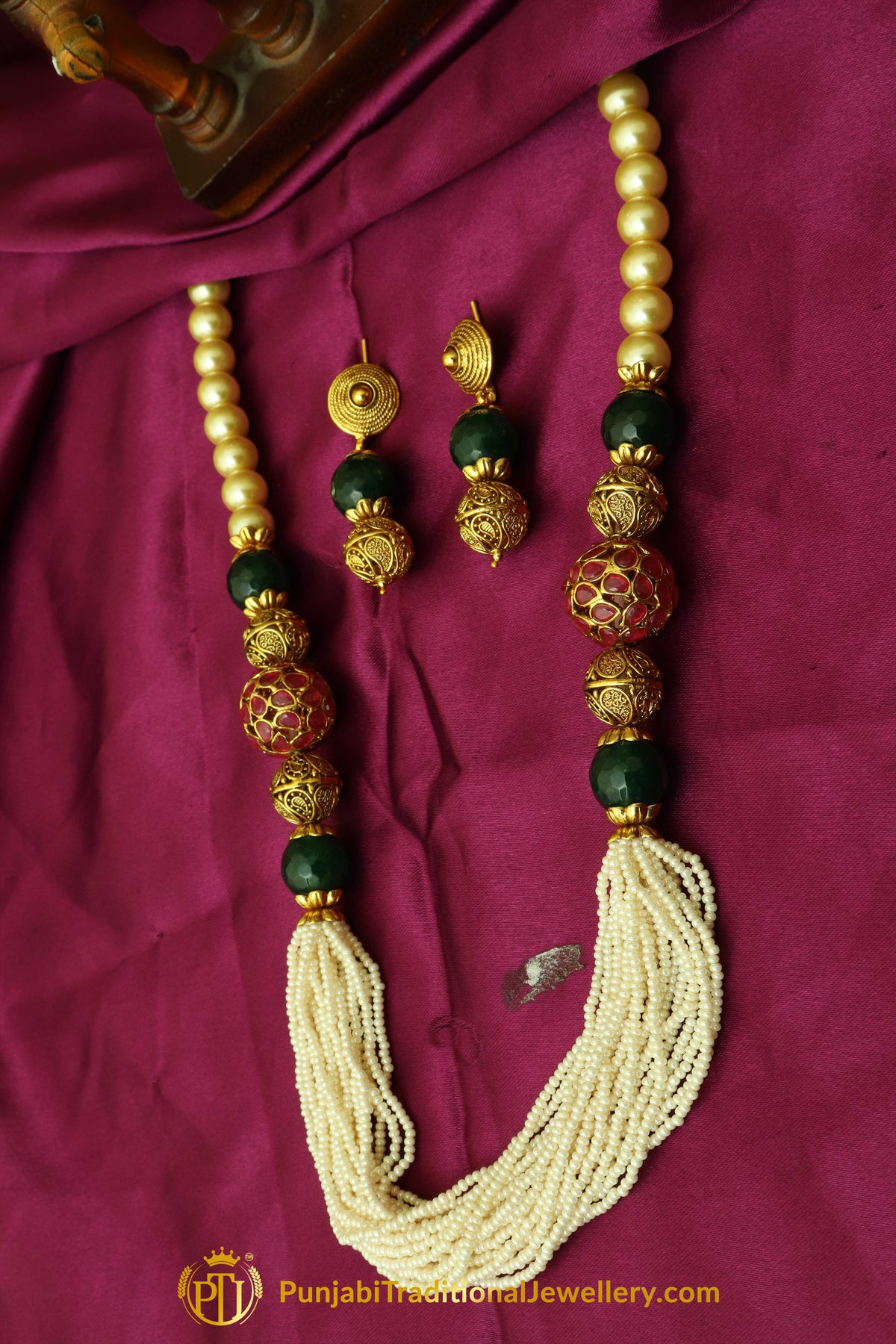 Red & Green Jodha Mala Necklace Set By Punjabi Traditional Jewellery
