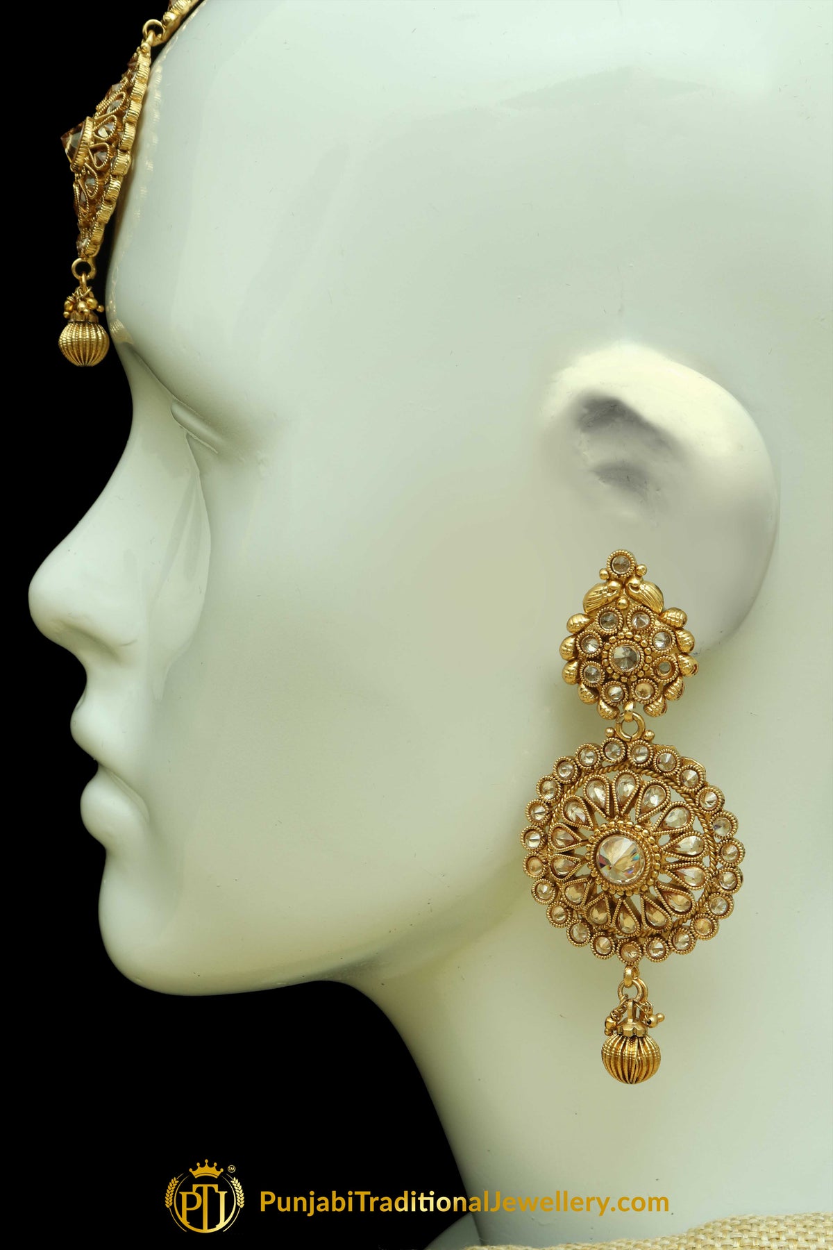 Golden Polki Earrings Tikka Set By Punjabi Traditional Jewellery