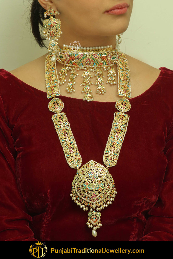 Gold Finished Navratan Jadau Choker & Long Necklace & Earrings | Punjabi Traditional Jewellery Exclusive