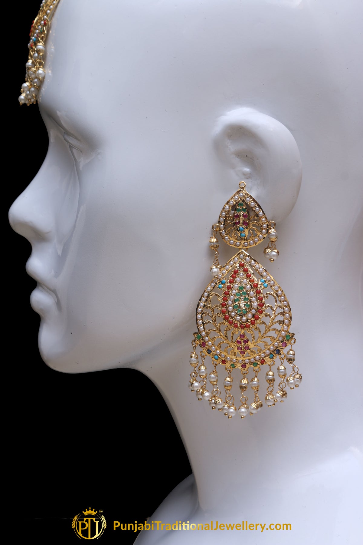 Multi Jadau Pearl Earring Tikka Set By Punjabi Traditional Jewellery