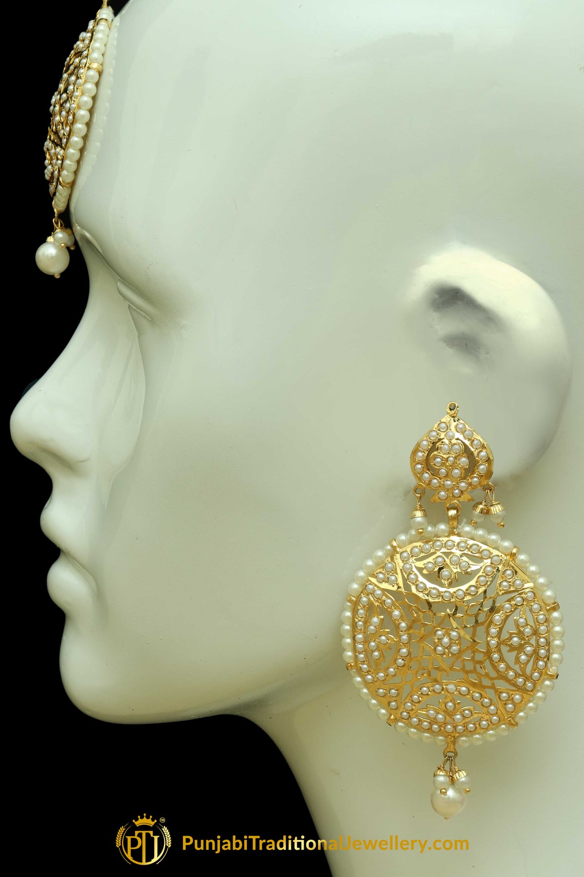 Golden Jadau Pearl Earring Tikka Set By Punjabi Traditional Jewellery