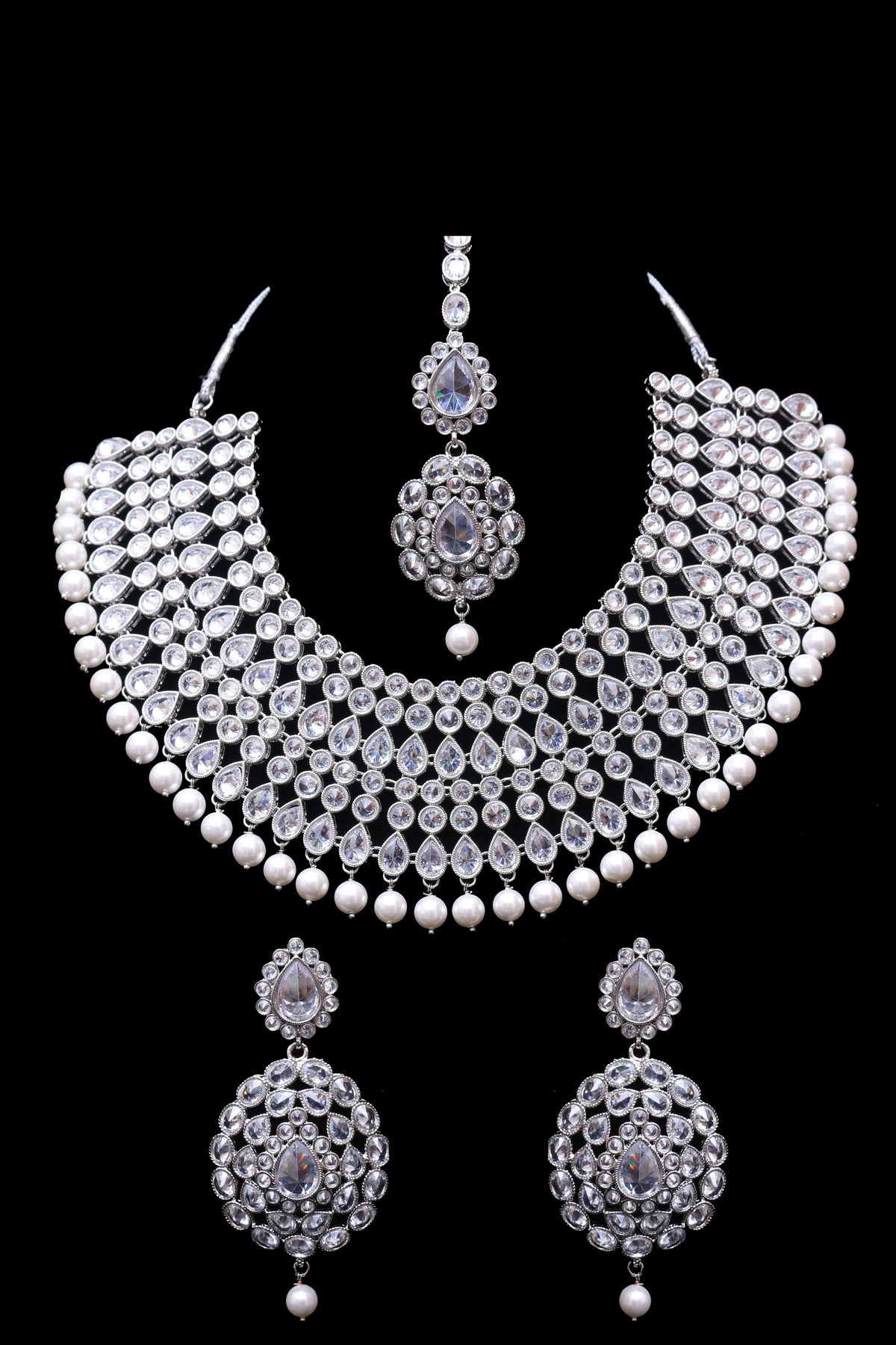 Silver Polki Pearl Necklace Set By Punjabi Traditional Jewellery