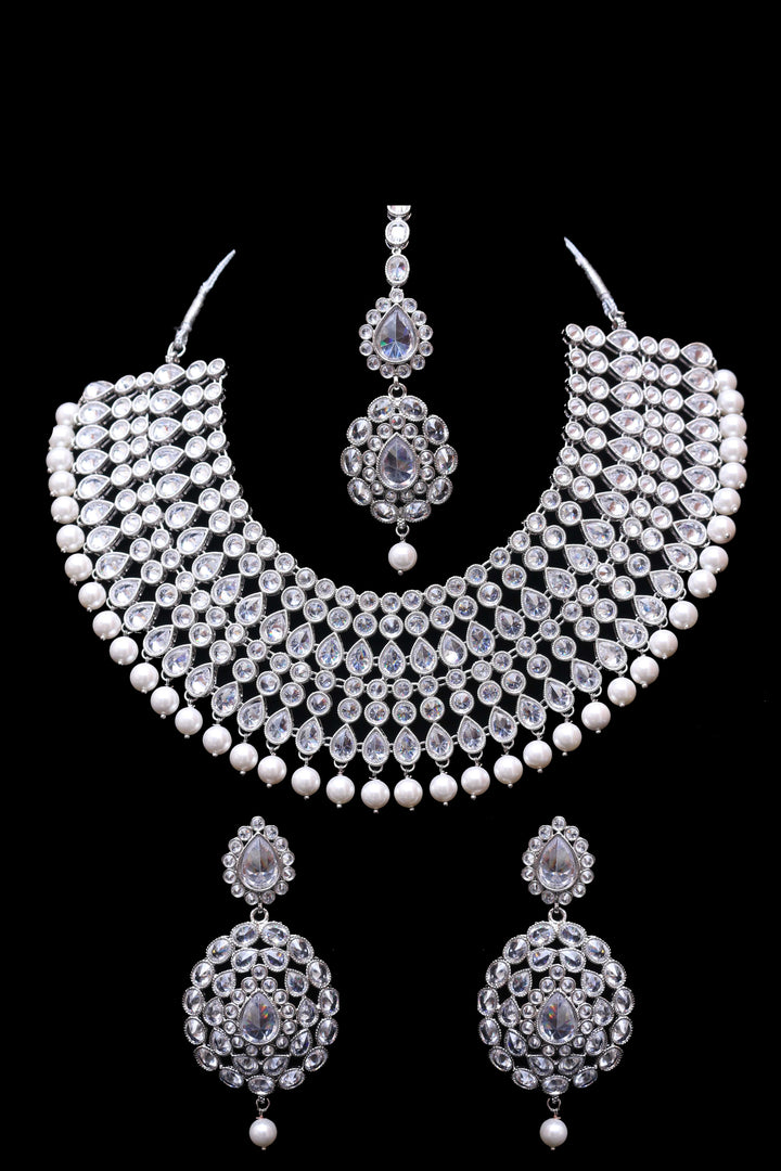 Silver Polki Pearl Necklace Set By Punjabi Traditional Jewellery