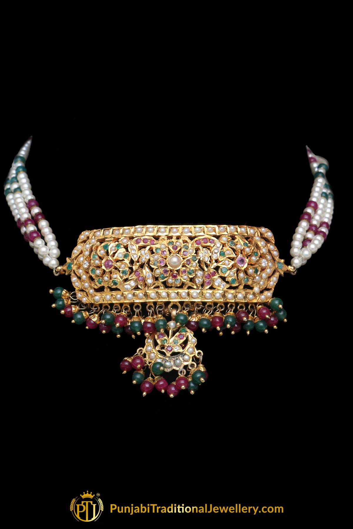 Multi Pearl Jadau Necklace Set By Punjabi Traditional Jewellery
