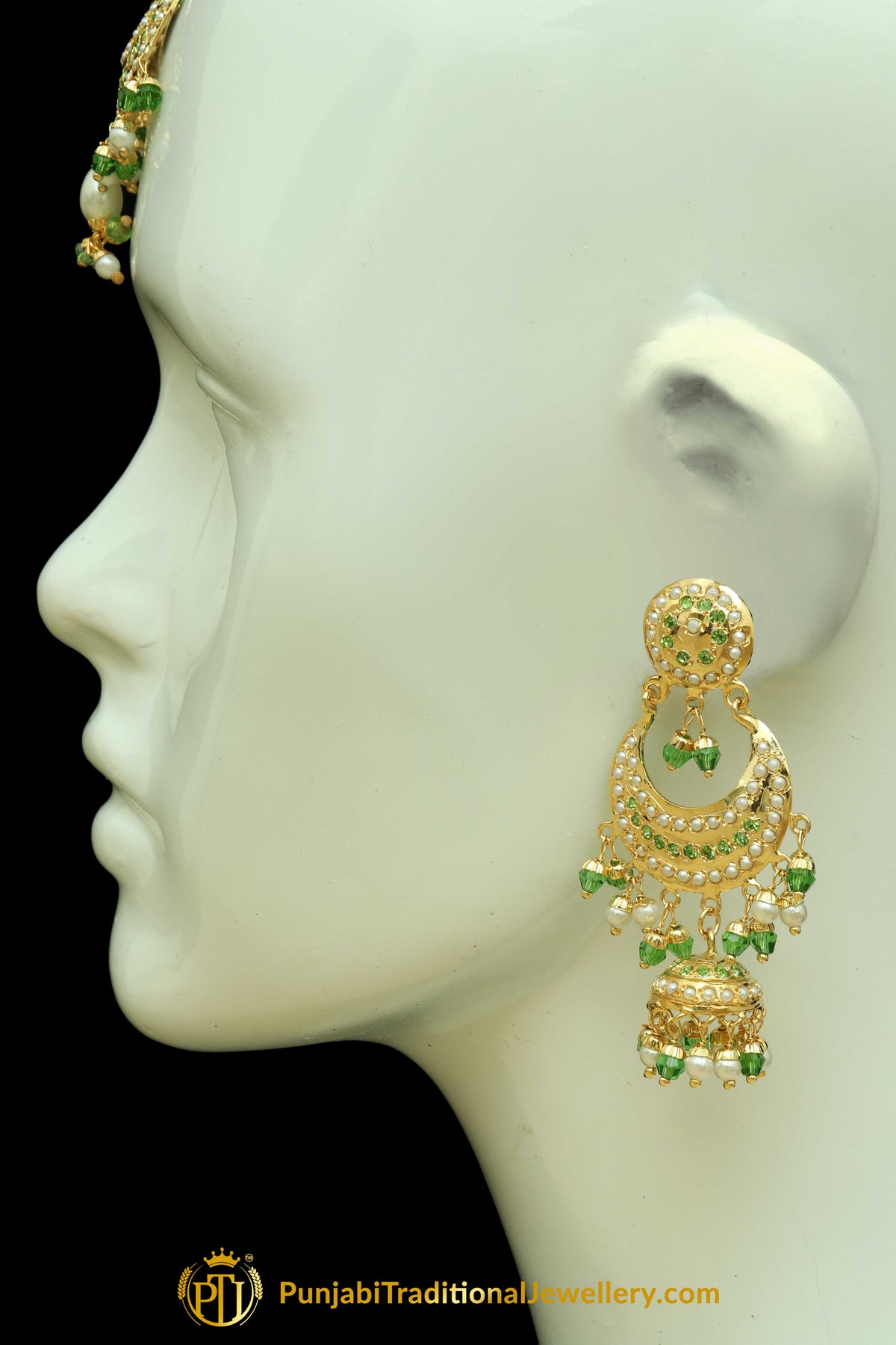 Green Jadau Pearl Earring Tikka Set By Punjabi Traditional Jewellery