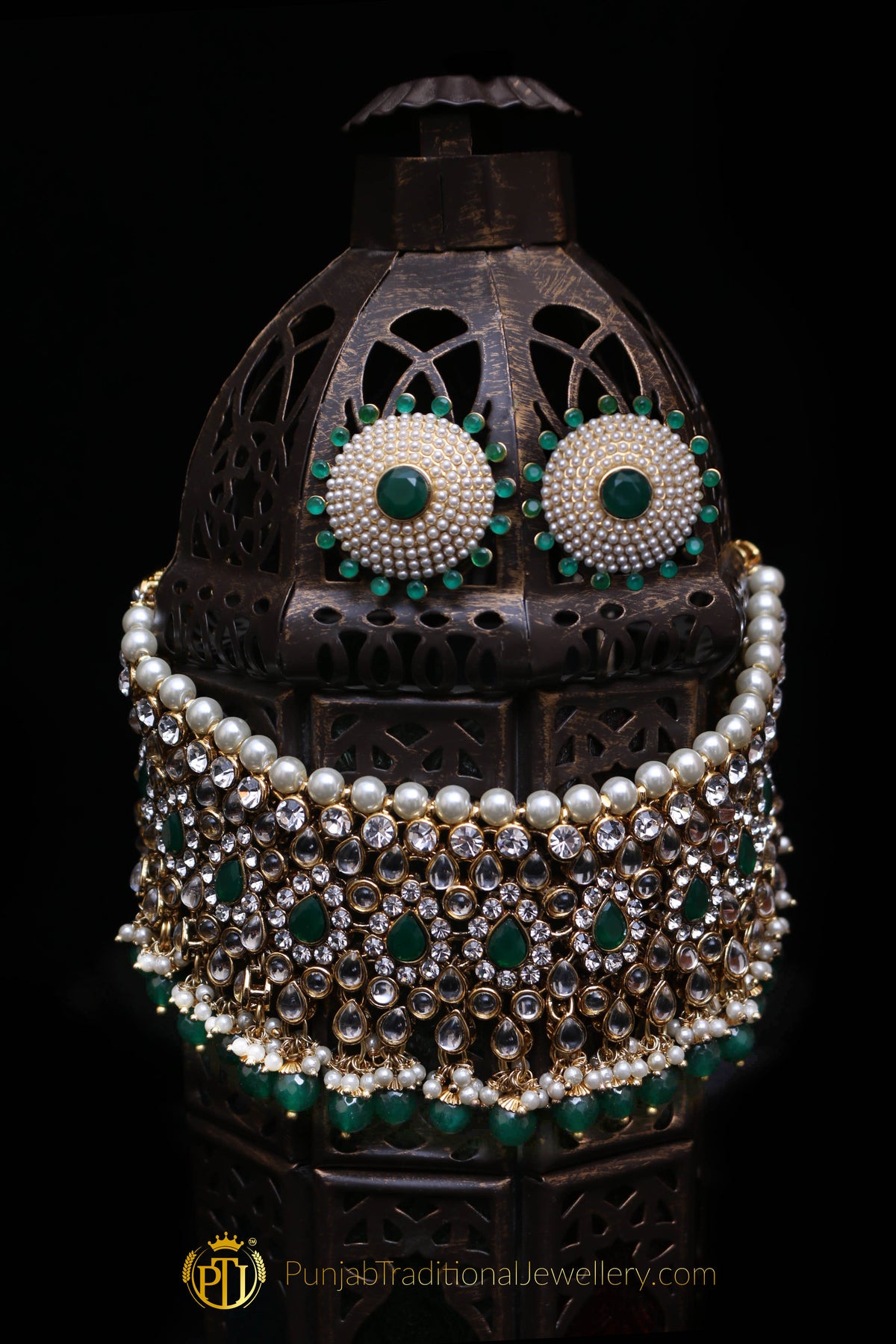 Green Pearl Kundan Choker Necklace Set By Punjabi Traditional Jewellery