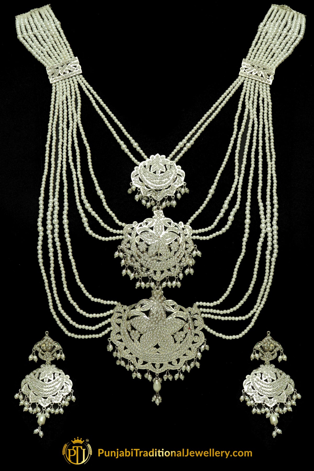 Silver Finished Pearl Jadau Necklace Set By Punjabi Traditional Jewellery